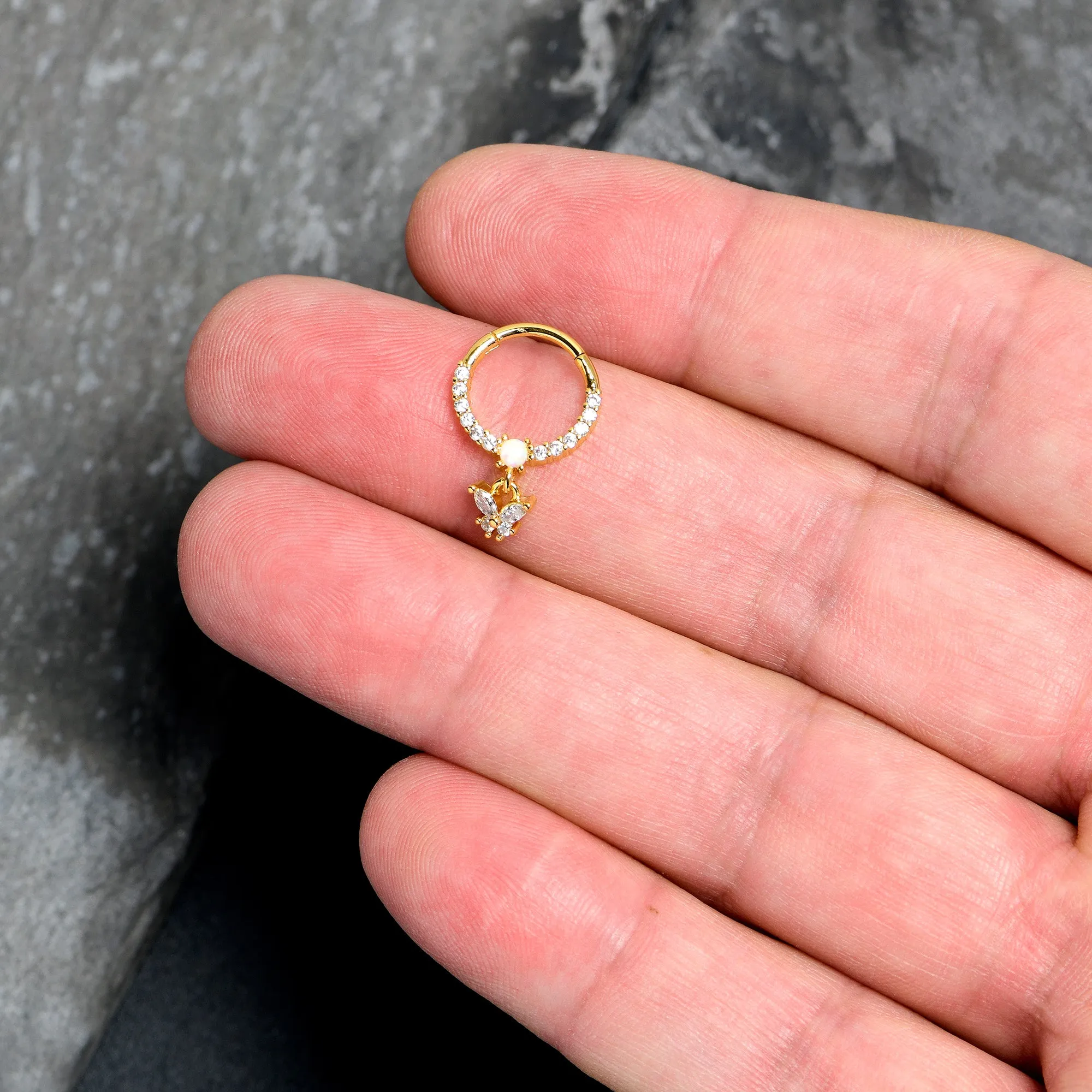 16 Gauge 3/8 White Synthetic Opal Gold Tone Butterfly Hinged Segment Ring