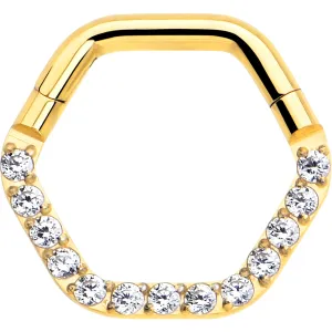 16 Gauge 5/16 Clear CZ Gem Gold Tone Hexagon Shape Hinged Segment Ring