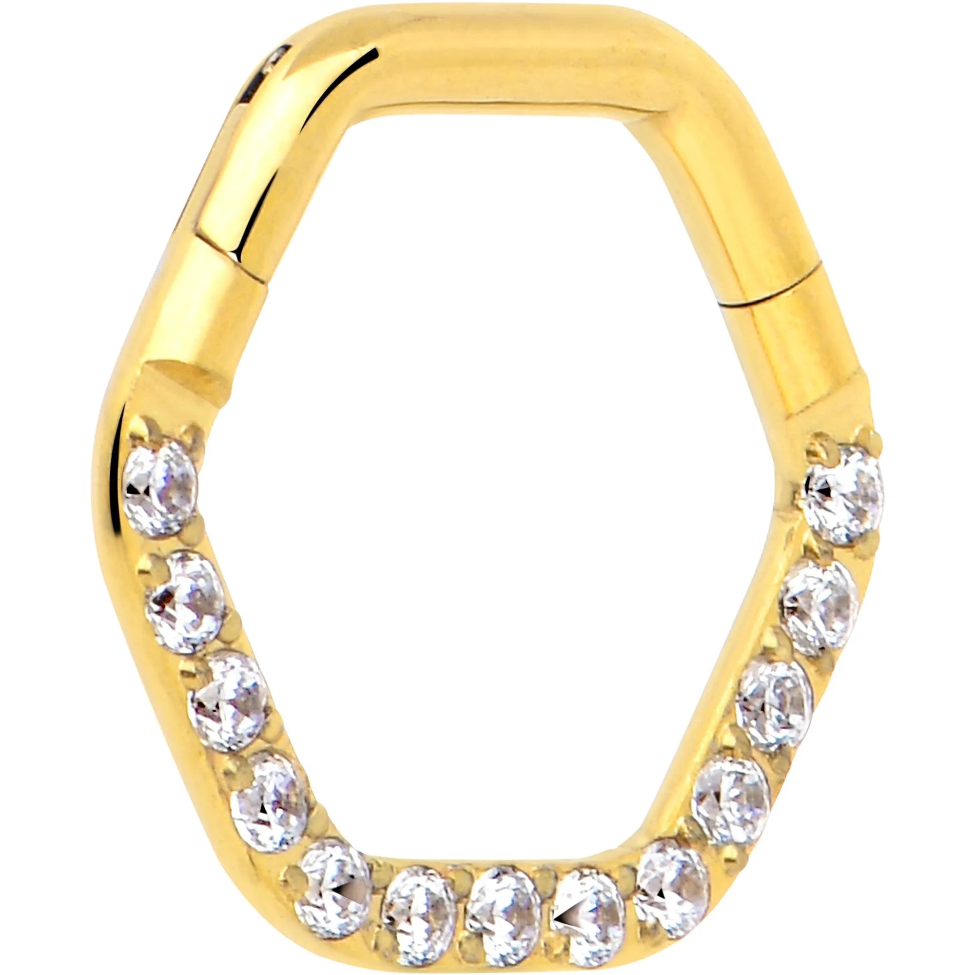 16 Gauge 5/16 Clear CZ Gem Gold Tone Hexagon Shape Hinged Segment Ring