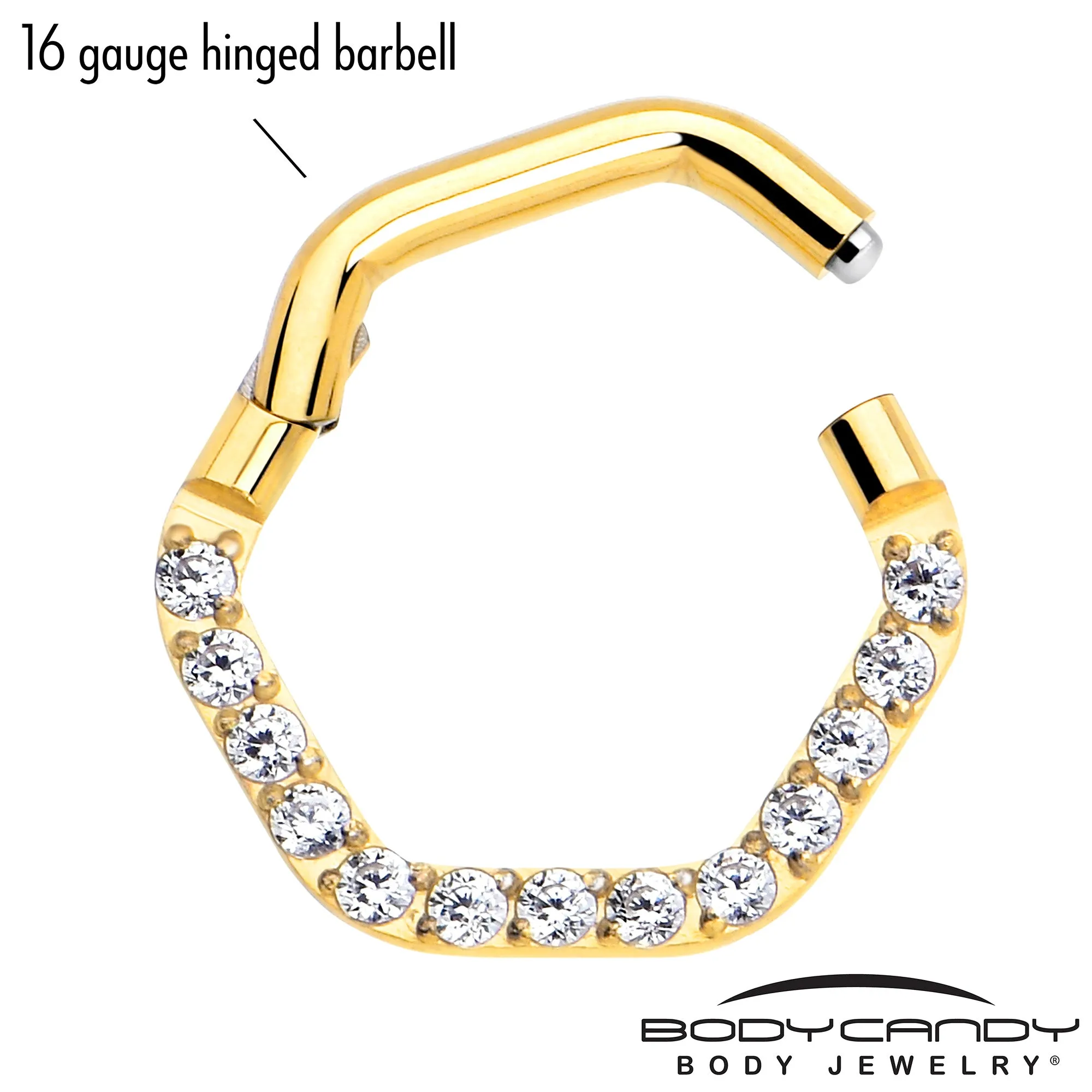 16 Gauge 5/16 Clear CZ Gem Gold Tone Hexagon Shape Hinged Segment Ring