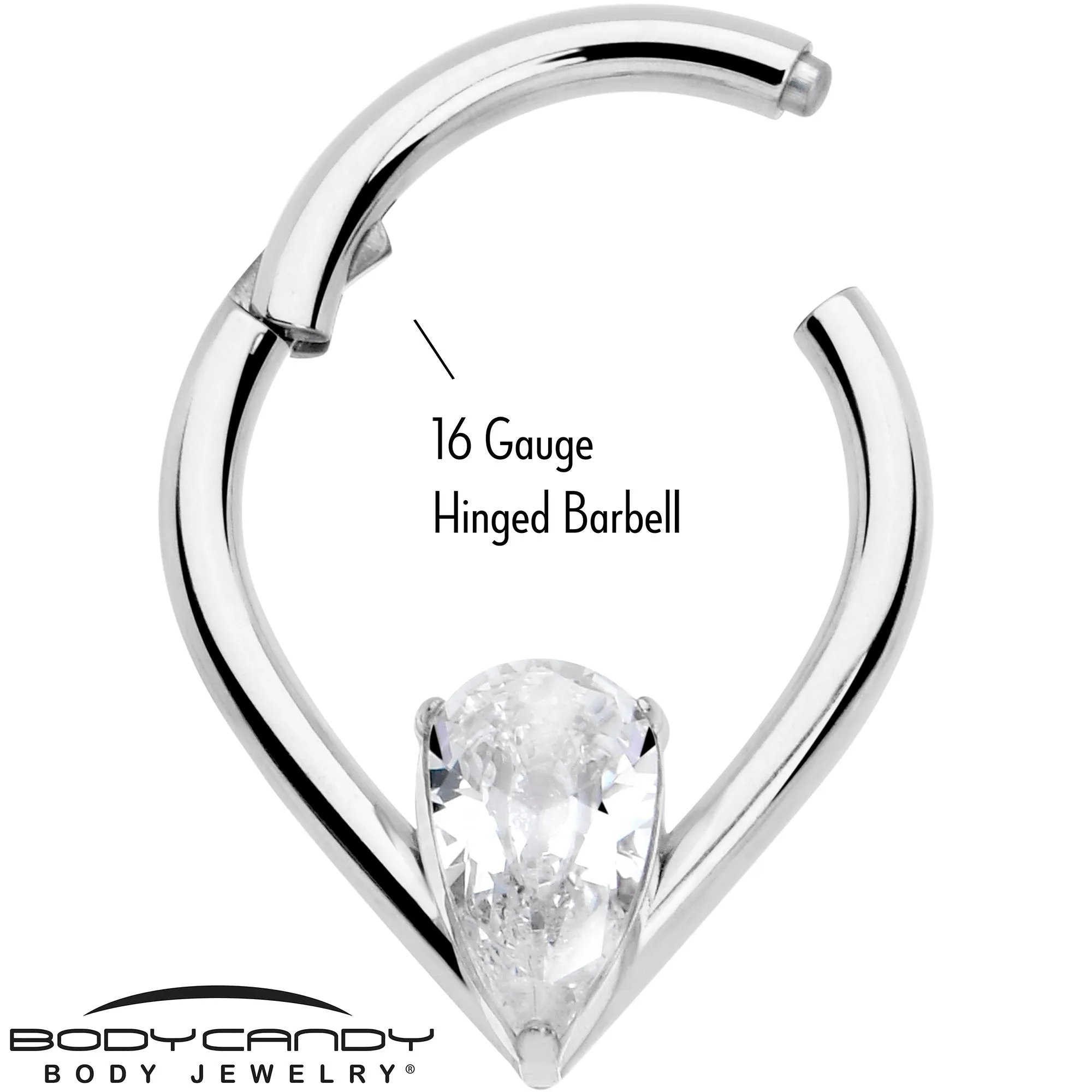 16 Gauge CZ Stainless Steel Hinged Segment Ring with Gem Teardrop