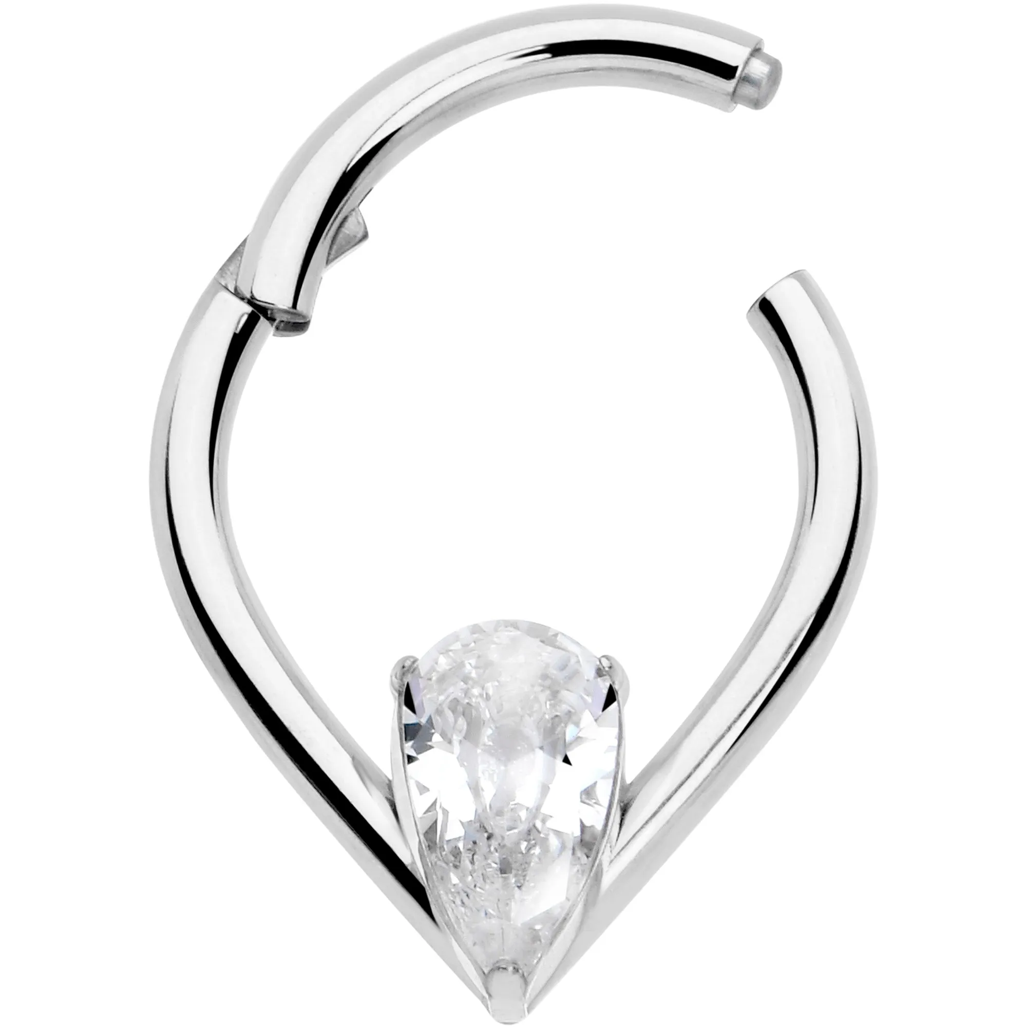 16 Gauge CZ Stainless Steel Hinged Segment Ring with Gem Teardrop