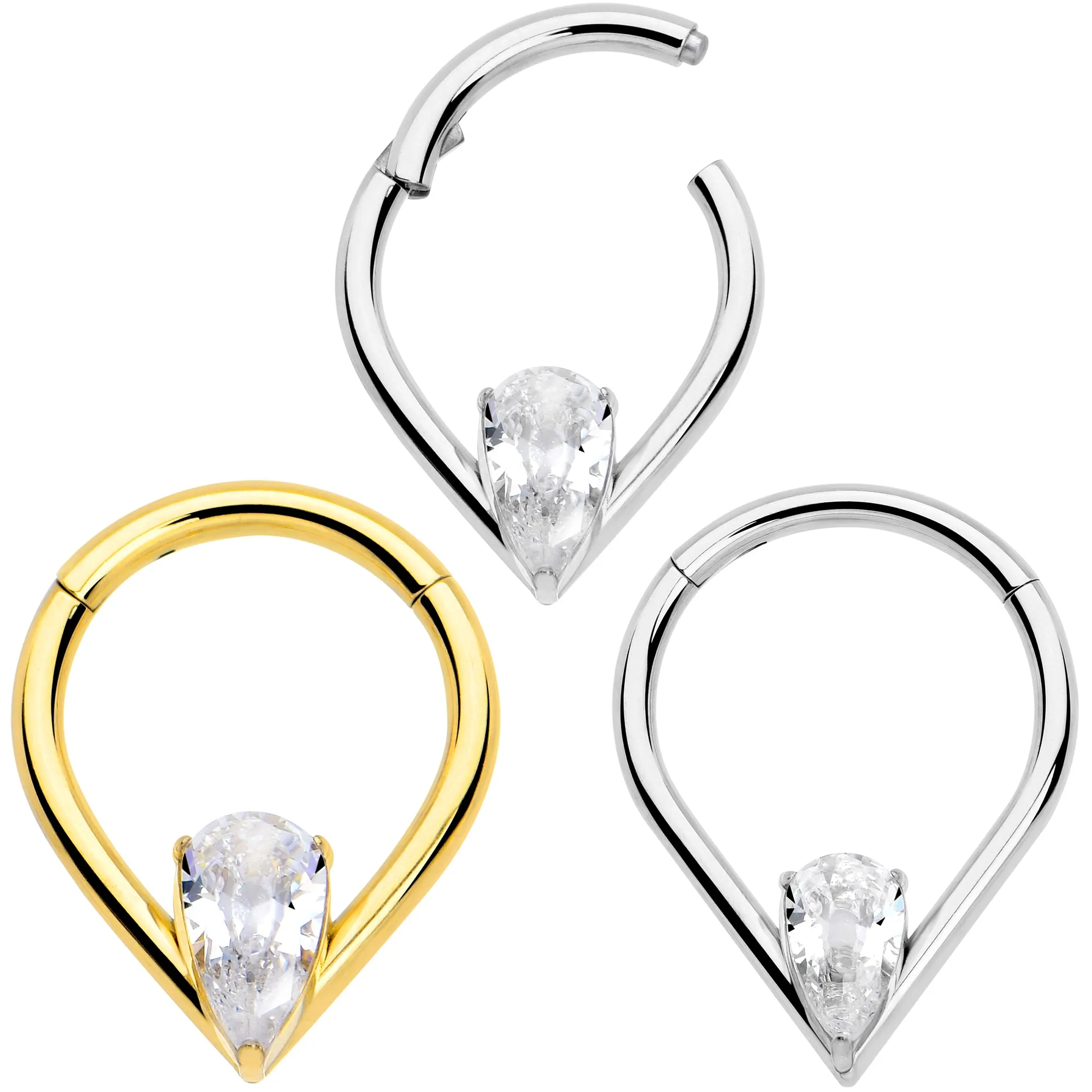 16 Gauge CZ Stainless Steel Hinged Segment Ring with Gem Teardrop