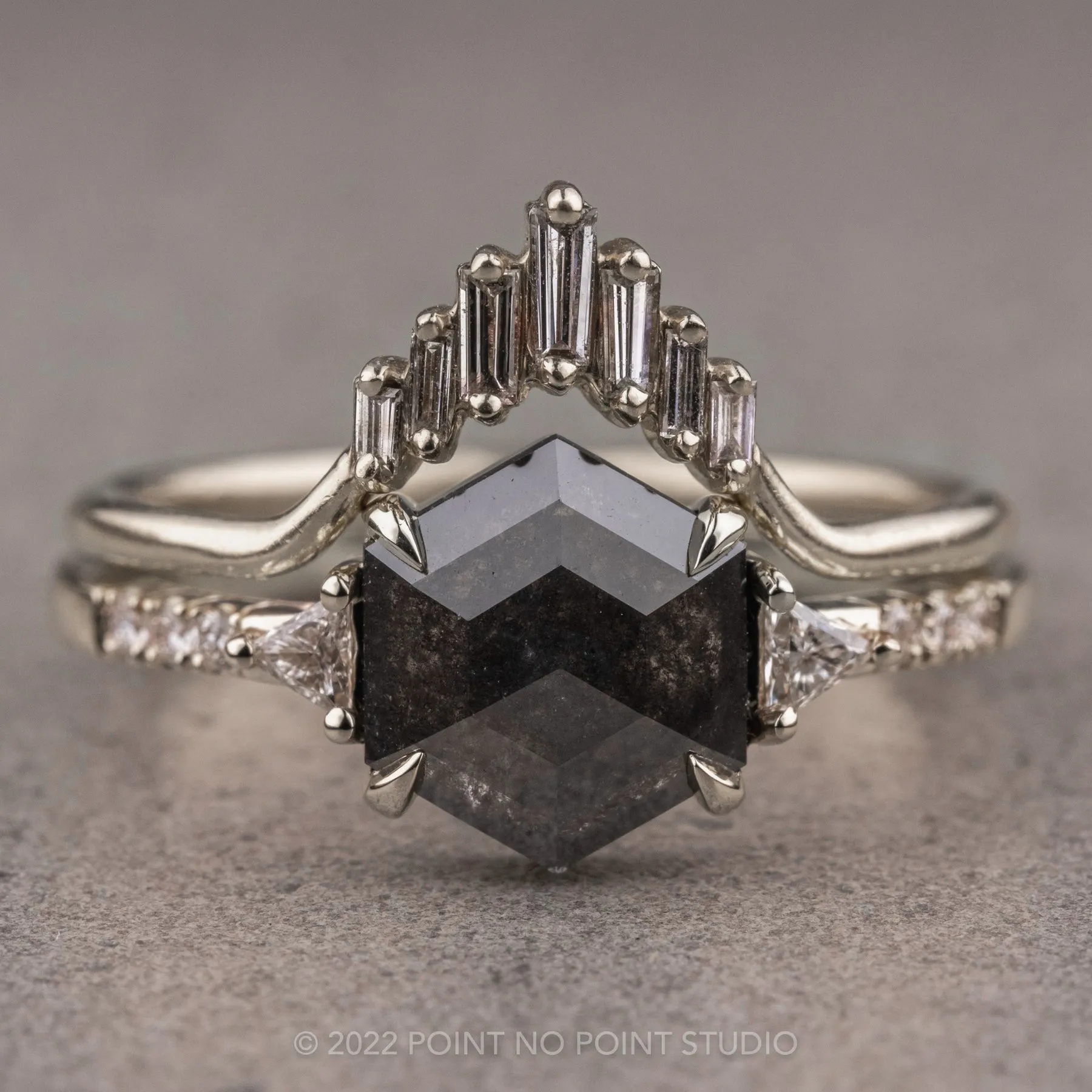 1.62 Carat Black Hexagon Diamond Engagement Ring, Eliza Setting, 14K White Gold