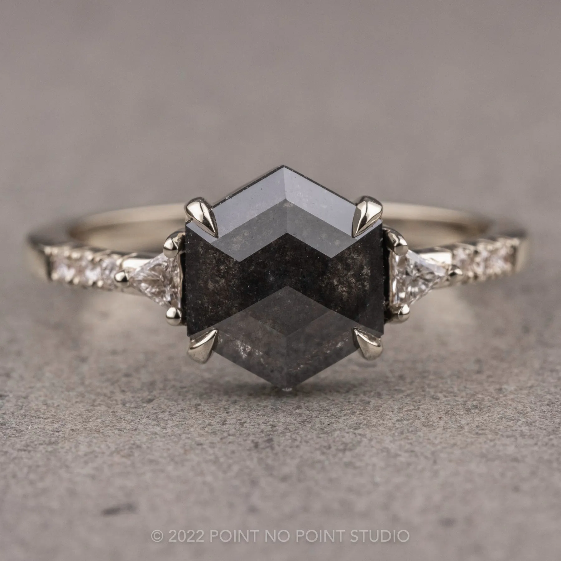 1.62 Carat Black Hexagon Diamond Engagement Ring, Eliza Setting, 14K White Gold