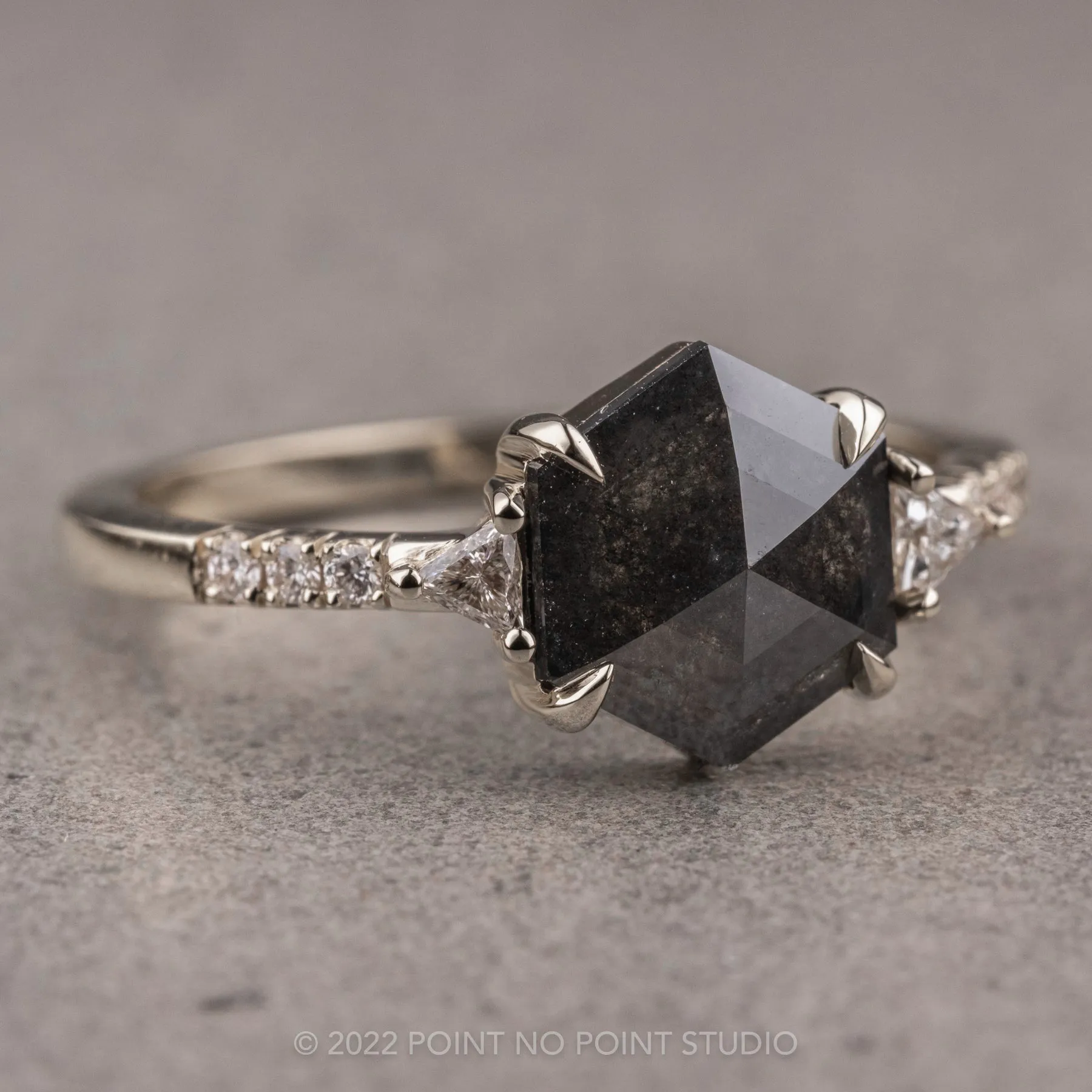 1.62 Carat Black Hexagon Diamond Engagement Ring, Eliza Setting, 14K White Gold