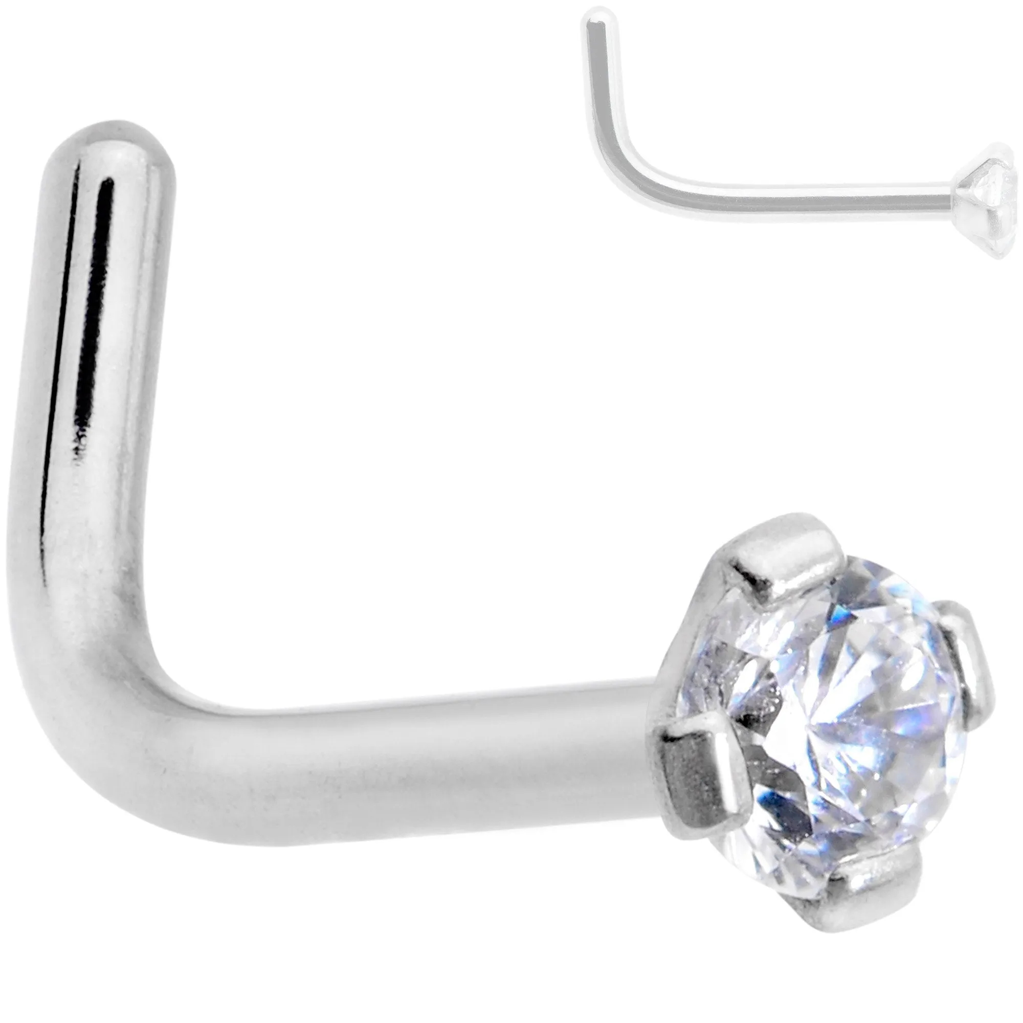 18 Gauge 1/4 Clear 2mm CZ Gem Grade 23 Titanium L Shaped Nose Ring