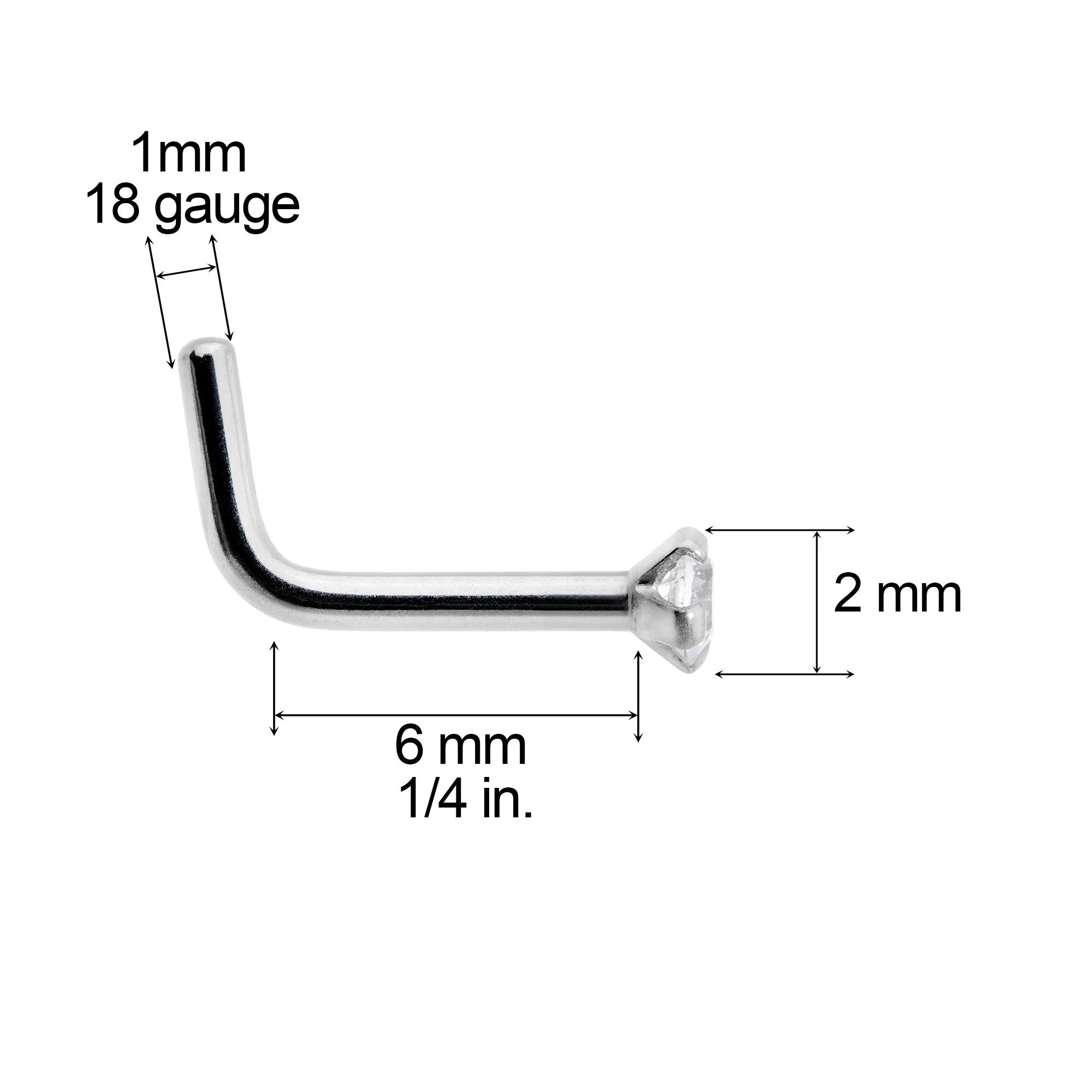 18 Gauge 1/4 Clear 2mm CZ Gem Grade 23 Titanium L Shaped Nose Ring