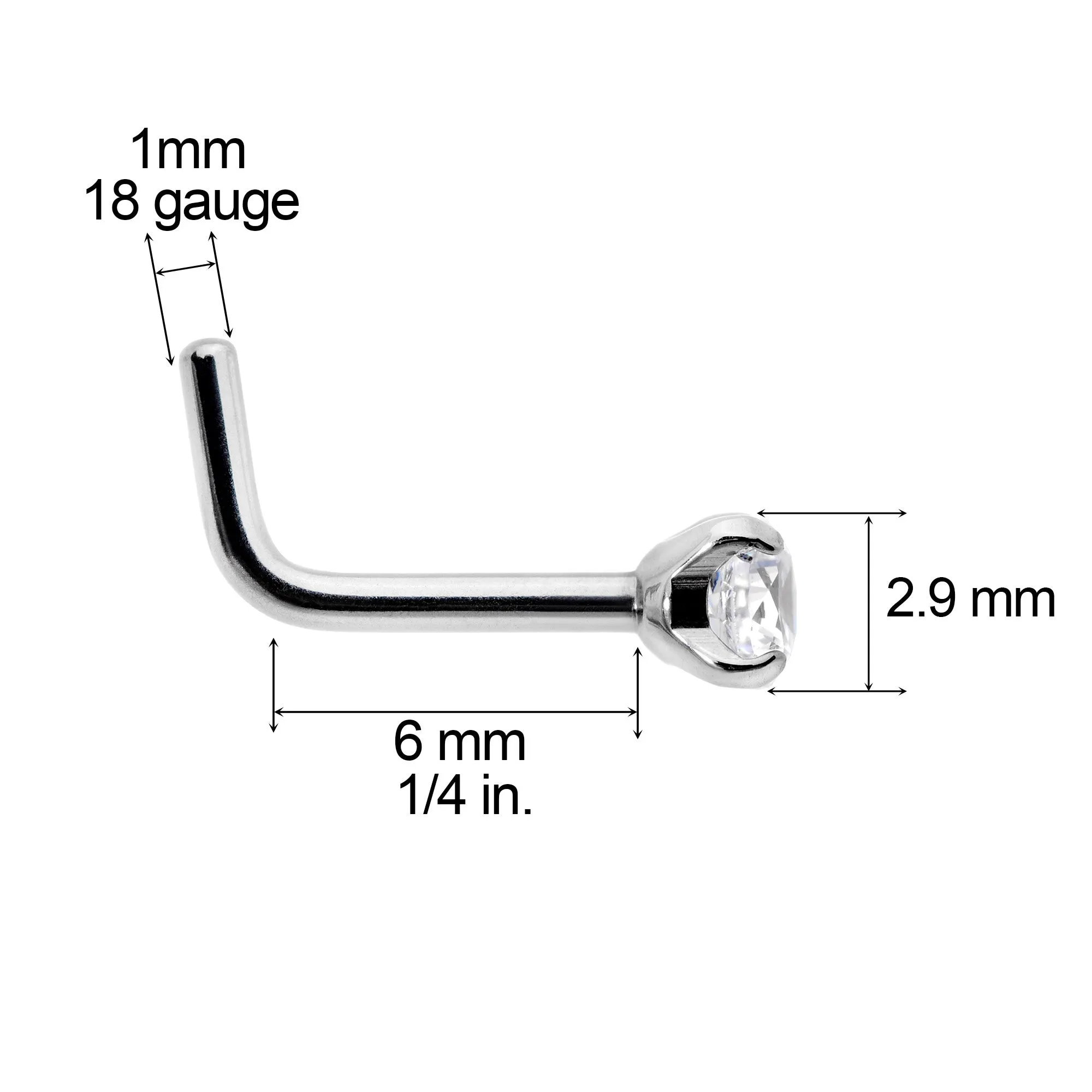 18 Gauge 1/4 Clear 3mm CZ Gem Grade 23 Titanium L Shaped Nose Ring