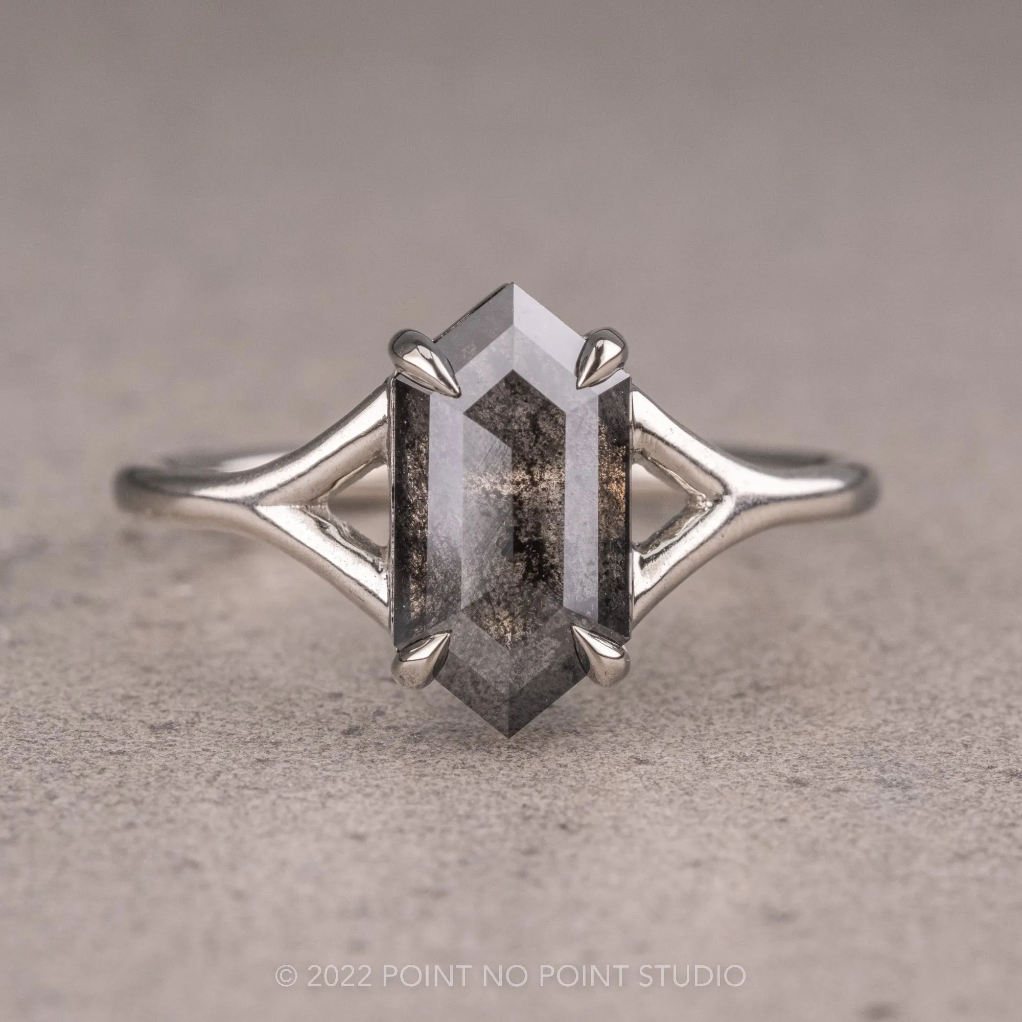 1.93 Carat Salt and Pepper Hexagon Diamond Engagement Ring, Split Shank Jane, Platinum