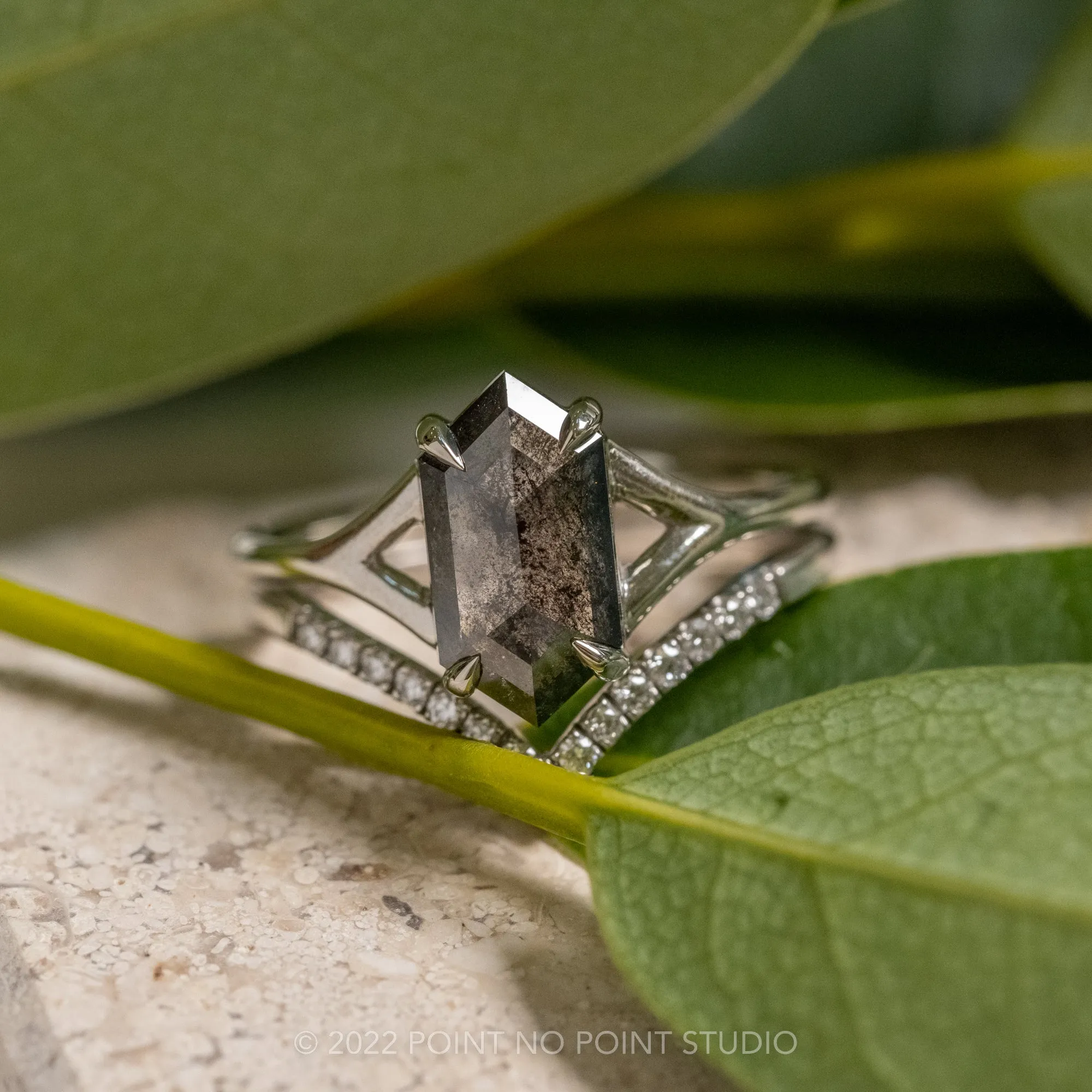 1.93 Carat Salt and Pepper Hexagon Diamond Engagement Ring, Split Shank Jane, Platinum