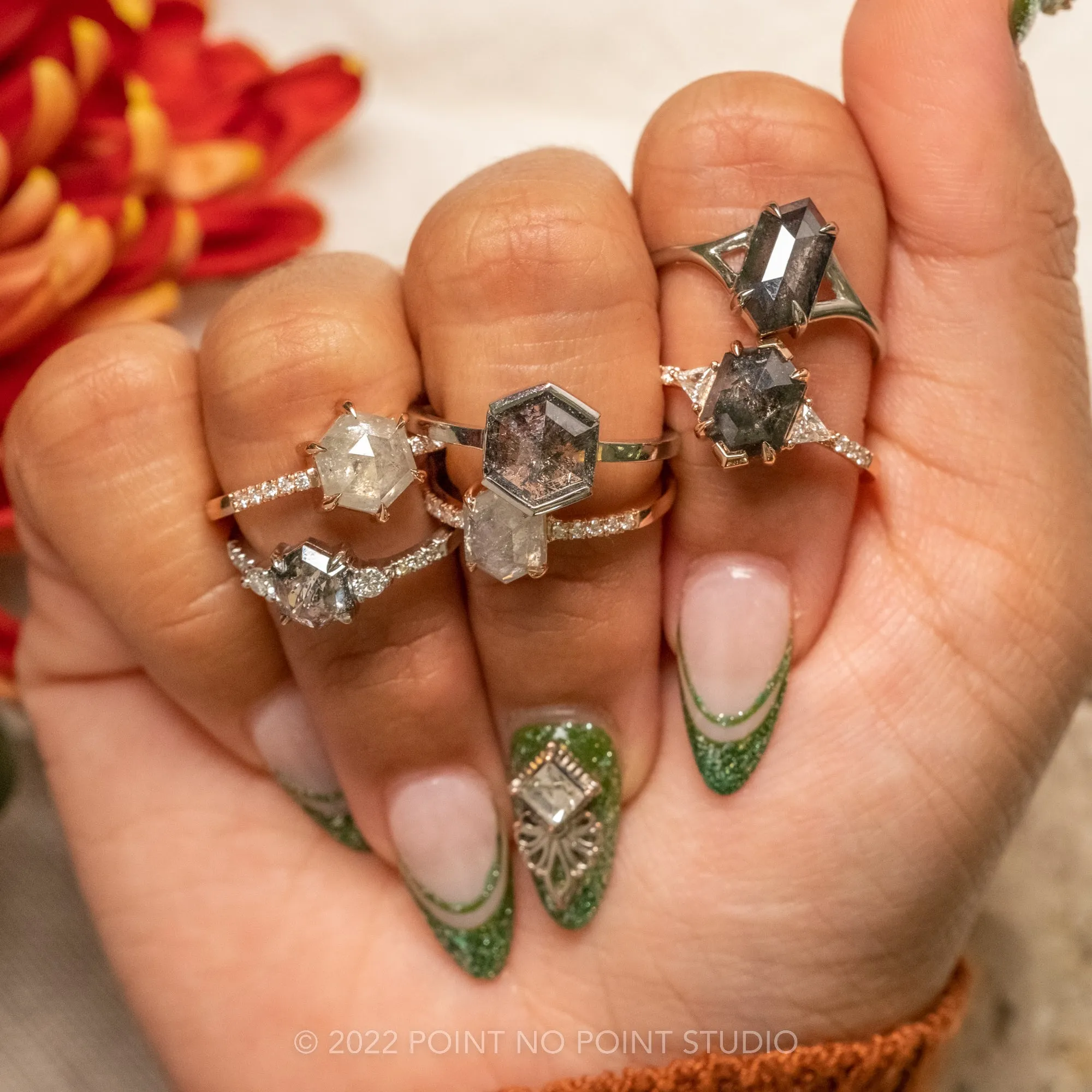 1.93 Carat Salt and Pepper Hexagon Diamond Engagement Ring, Split Shank Jane, Platinum