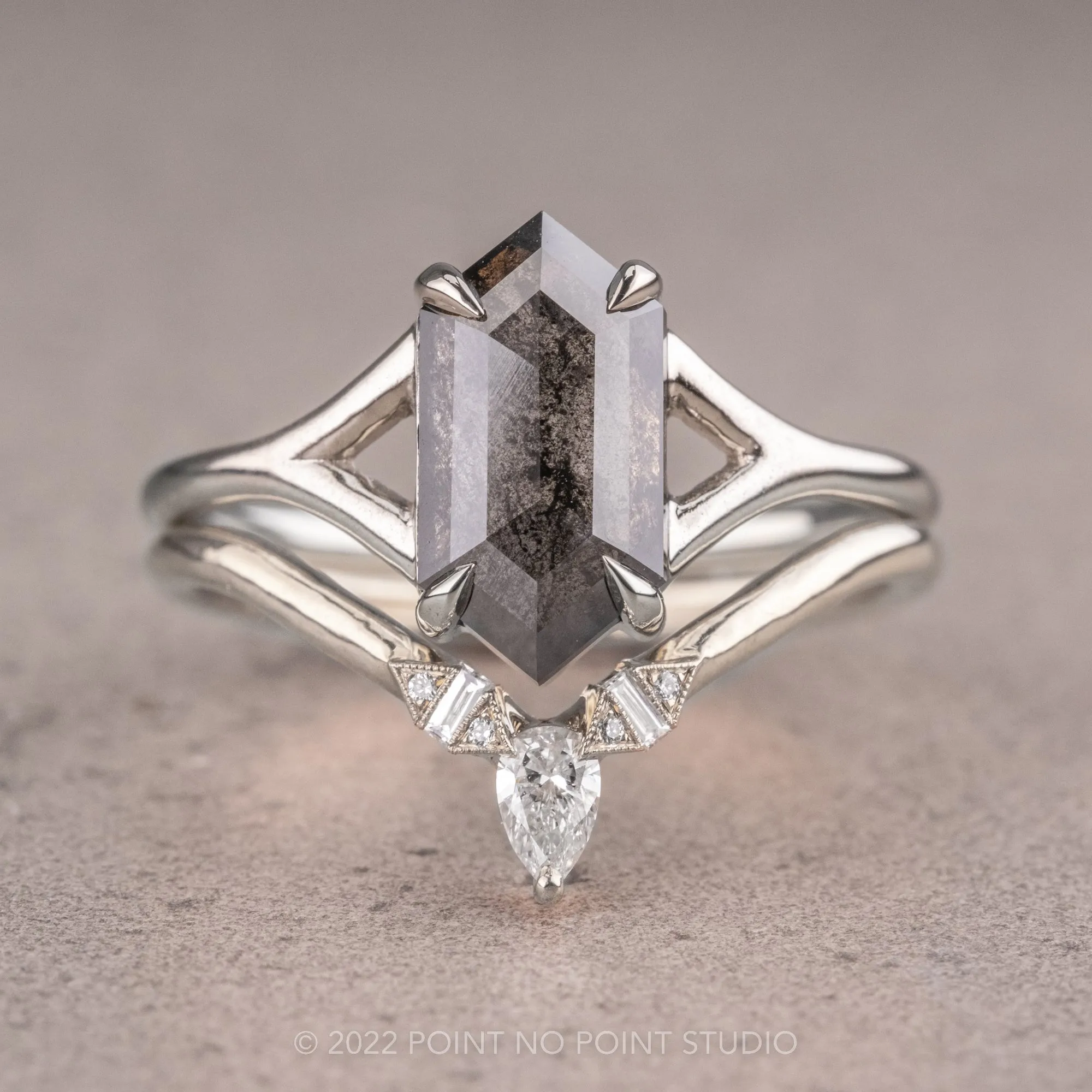 1.93 Carat Salt and Pepper Hexagon Diamond Engagement Ring, Split Shank Jane, Platinum
