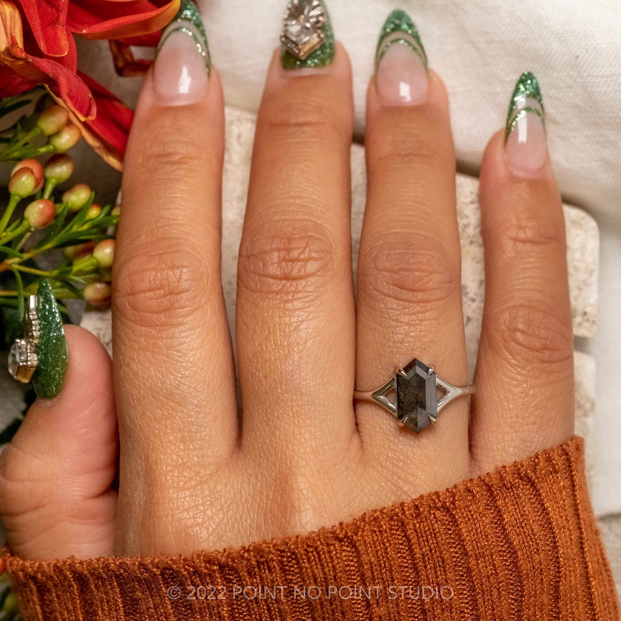 1.93 Carat Salt and Pepper Hexagon Diamond Engagement Ring, Split Shank Jane, Platinum