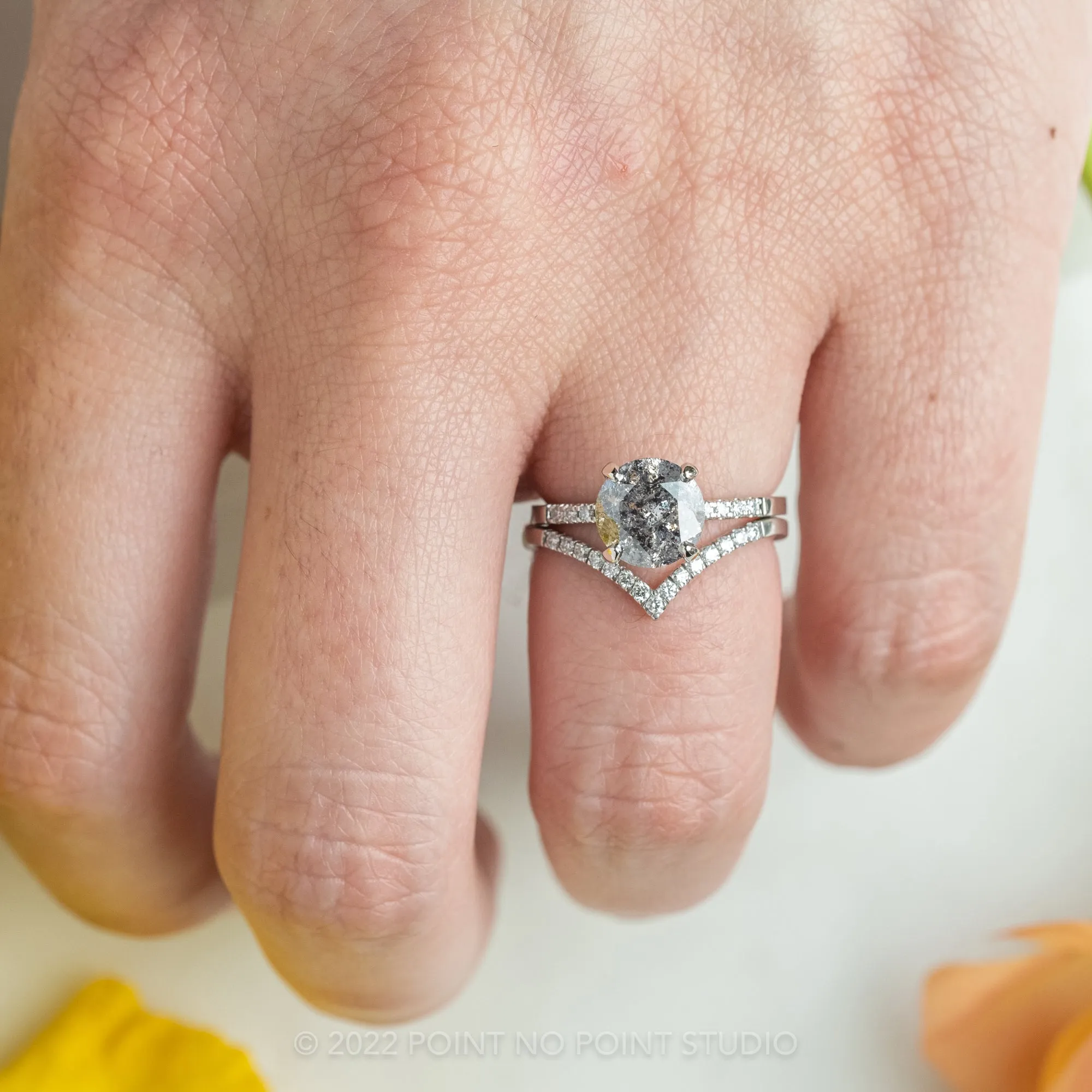1.93 Carat Salt and Pepper Round Diamond Engagement Ring, Jules Setting, 14K White Gold