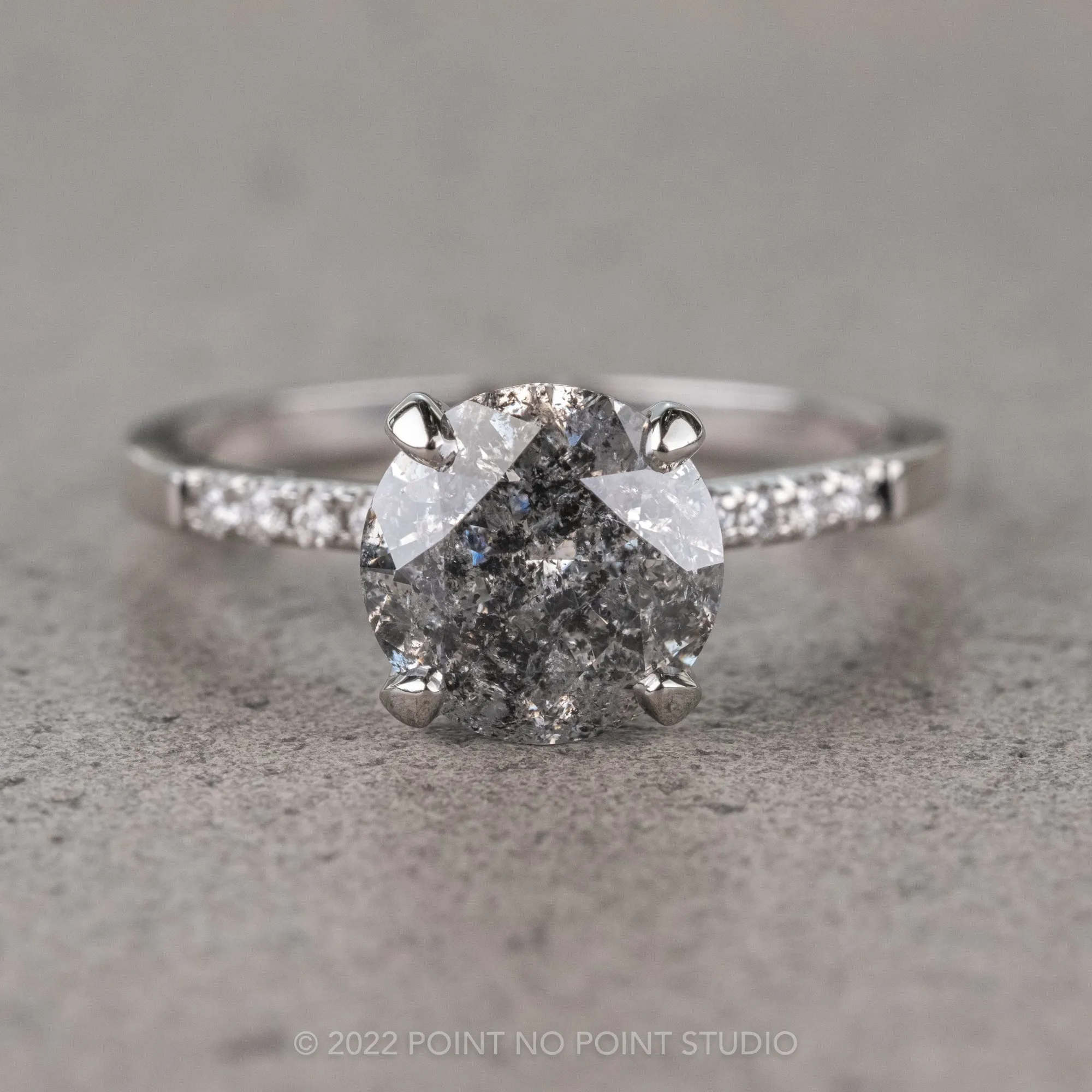 1.93 Carat Salt and Pepper Round Diamond Engagement Ring, Jules Setting, 14K White Gold