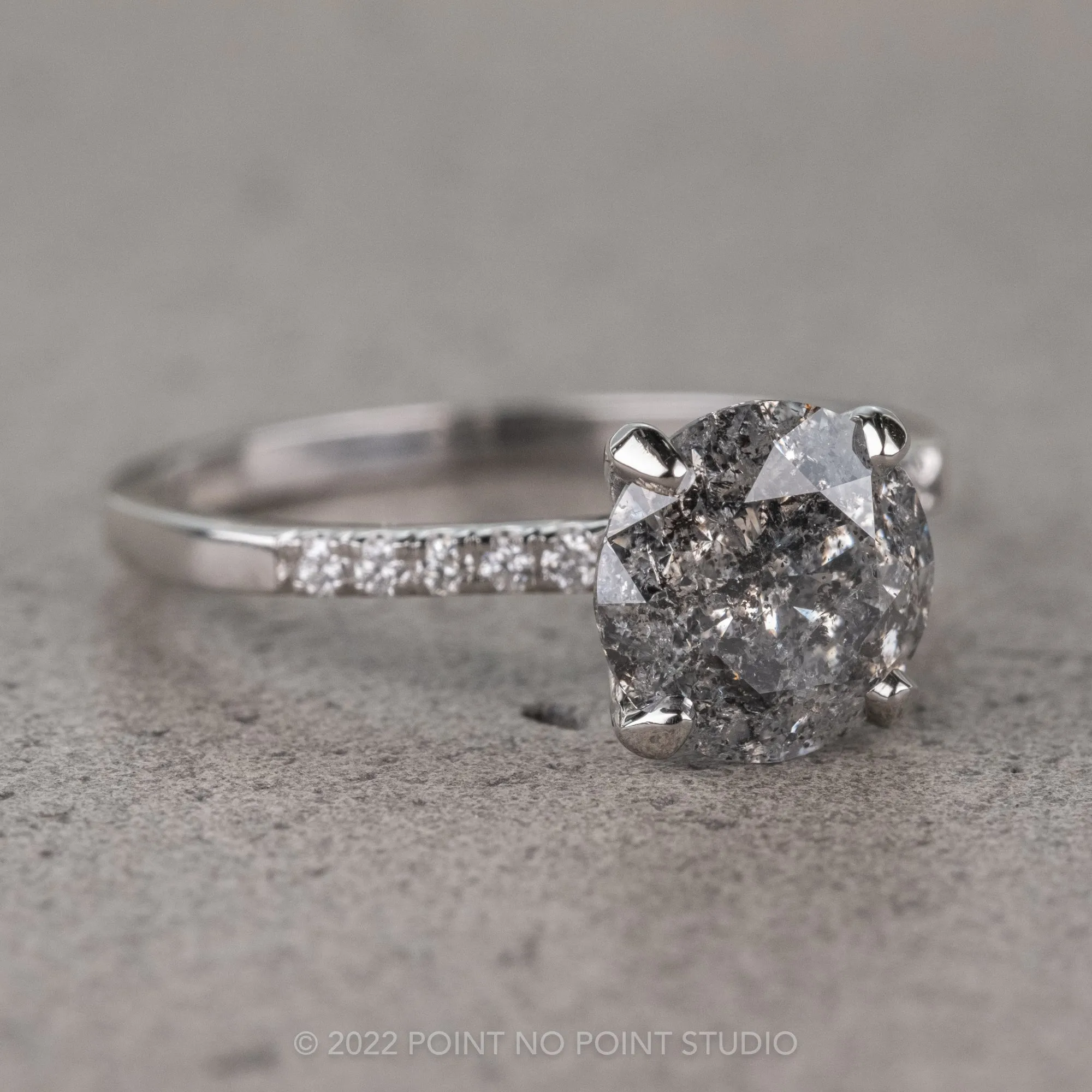 1.93 Carat Salt and Pepper Round Diamond Engagement Ring, Jules Setting, 14K White Gold