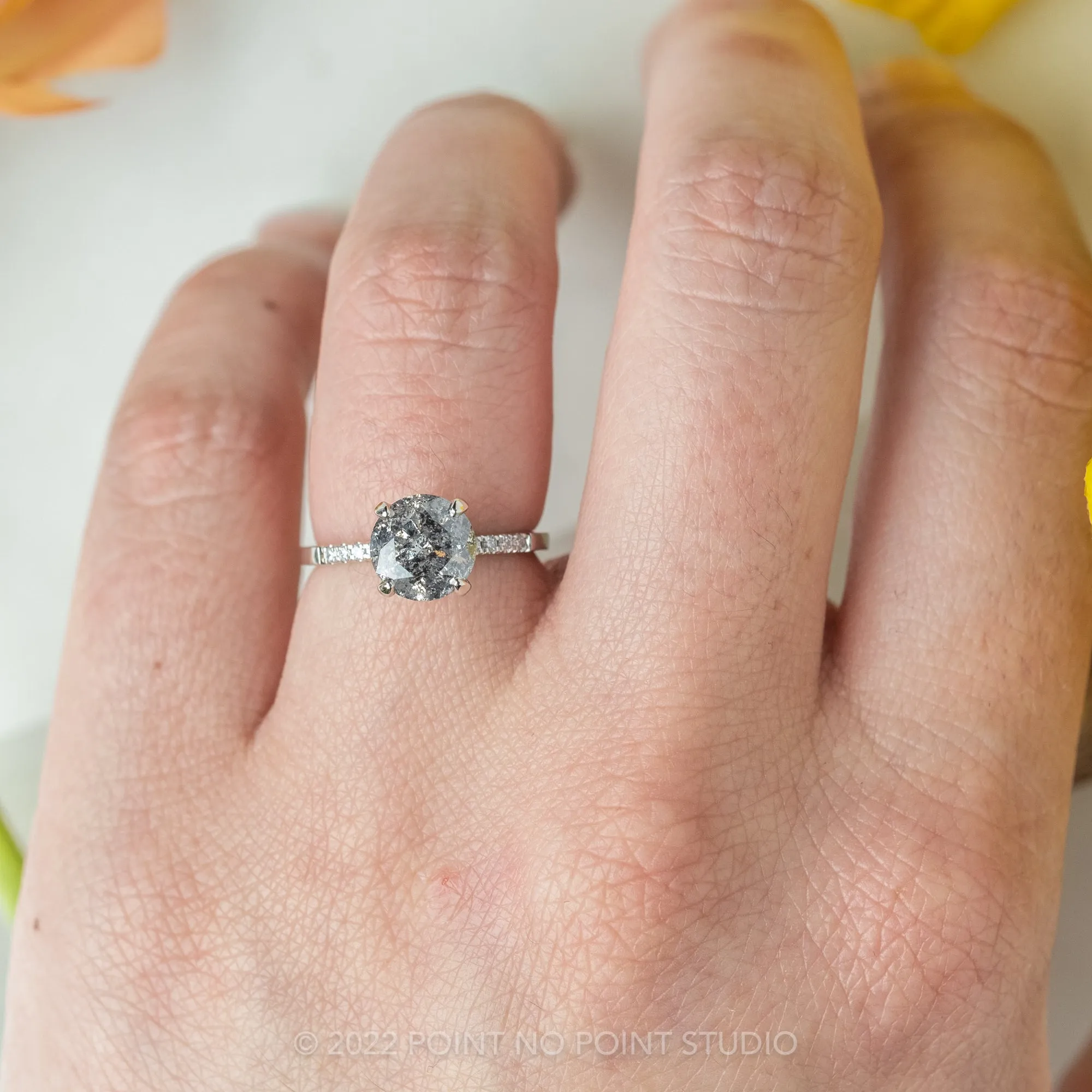 1.93 Carat Salt and Pepper Round Diamond Engagement Ring, Jules Setting, 14K White Gold