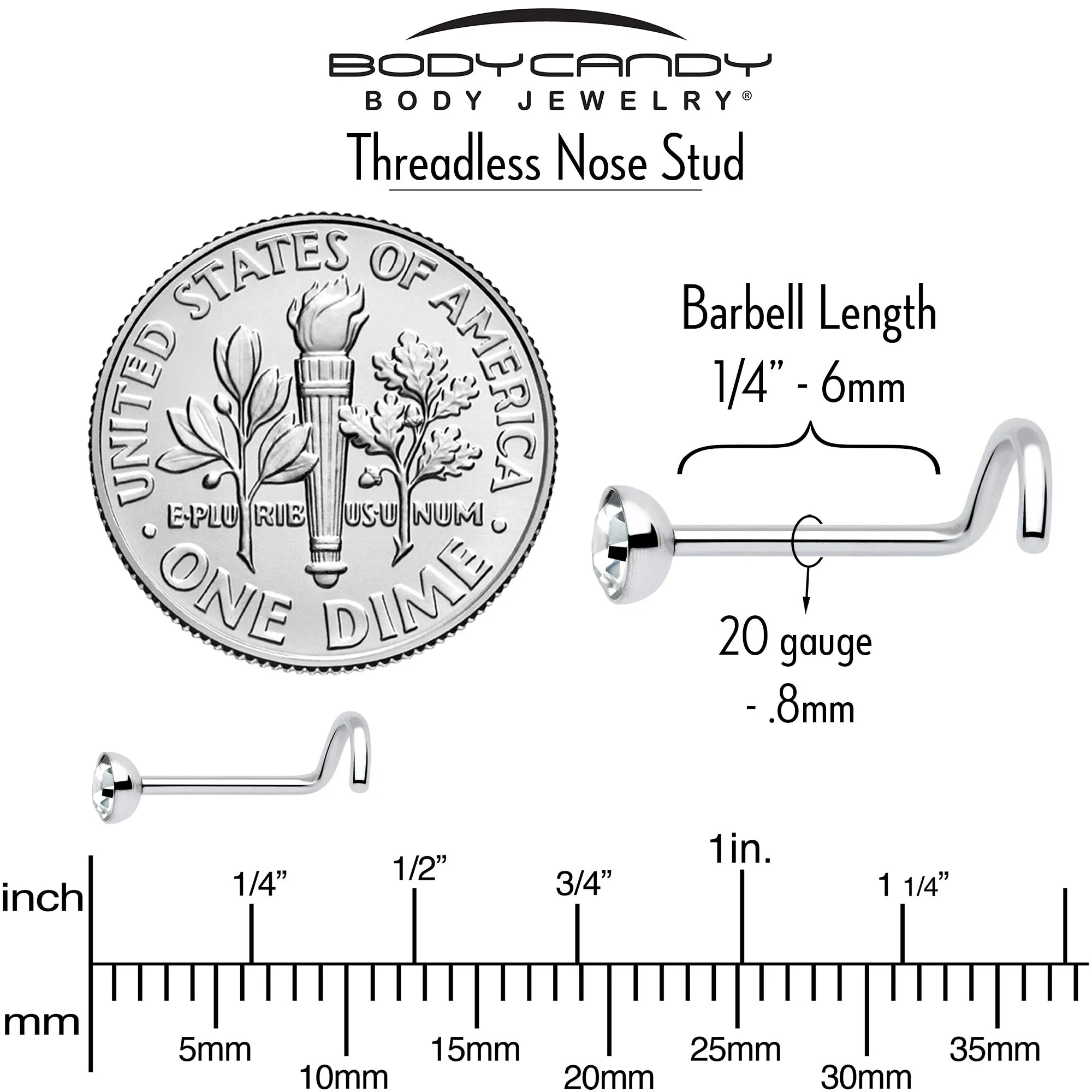 20 Gauge 3mm CZ Bezel Set Push-In Threadless Nose Screw Nose Ring