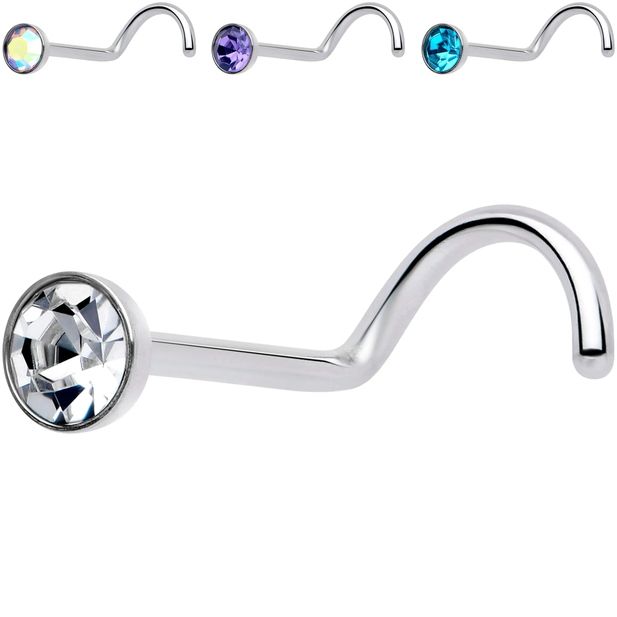 20 Gauge 3mm CZ Bezel Set Push-In Threadless Nose Screw Nose Ring
