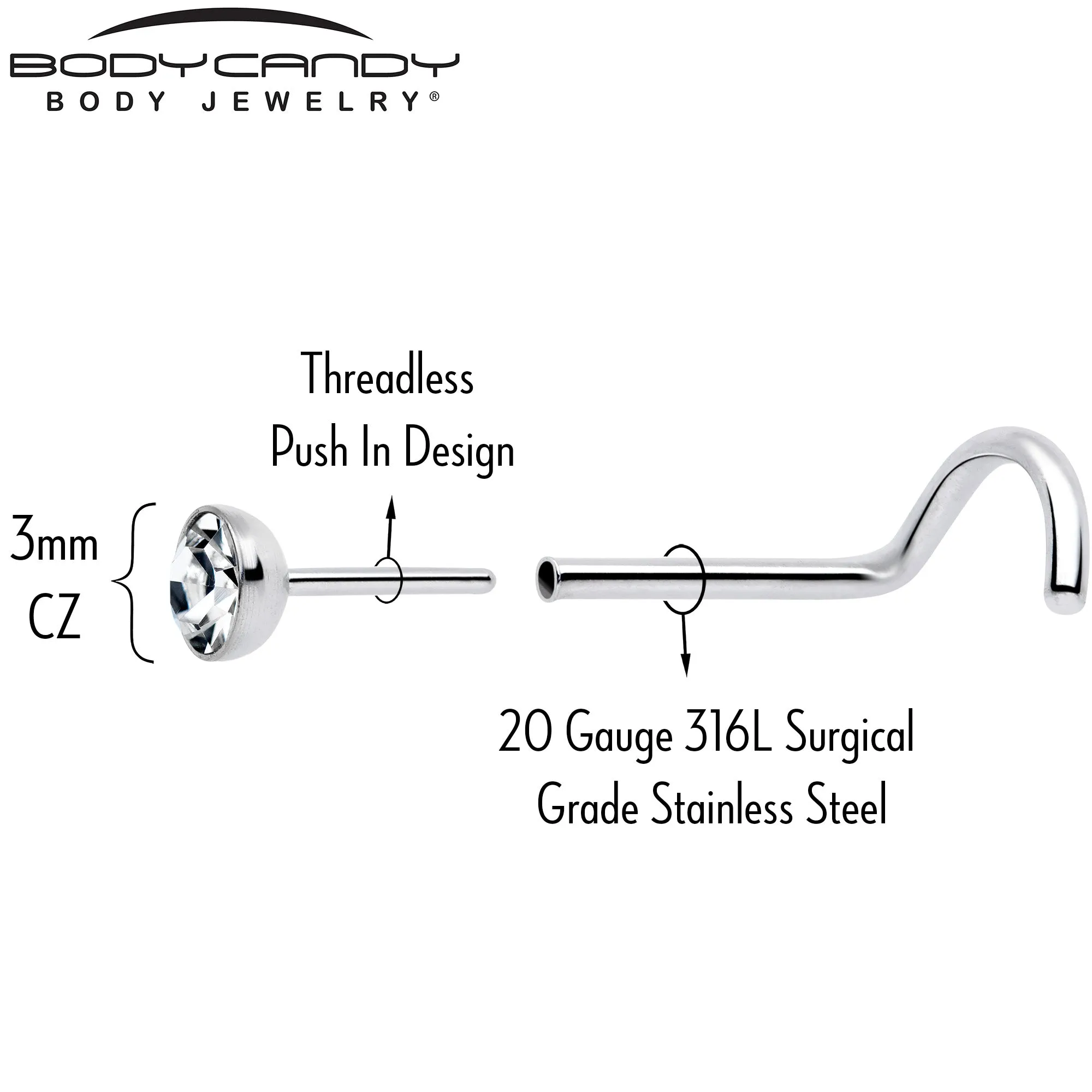 20 Gauge 3mm CZ Bezel Set Push-In Threadless Nose Screw Nose Ring