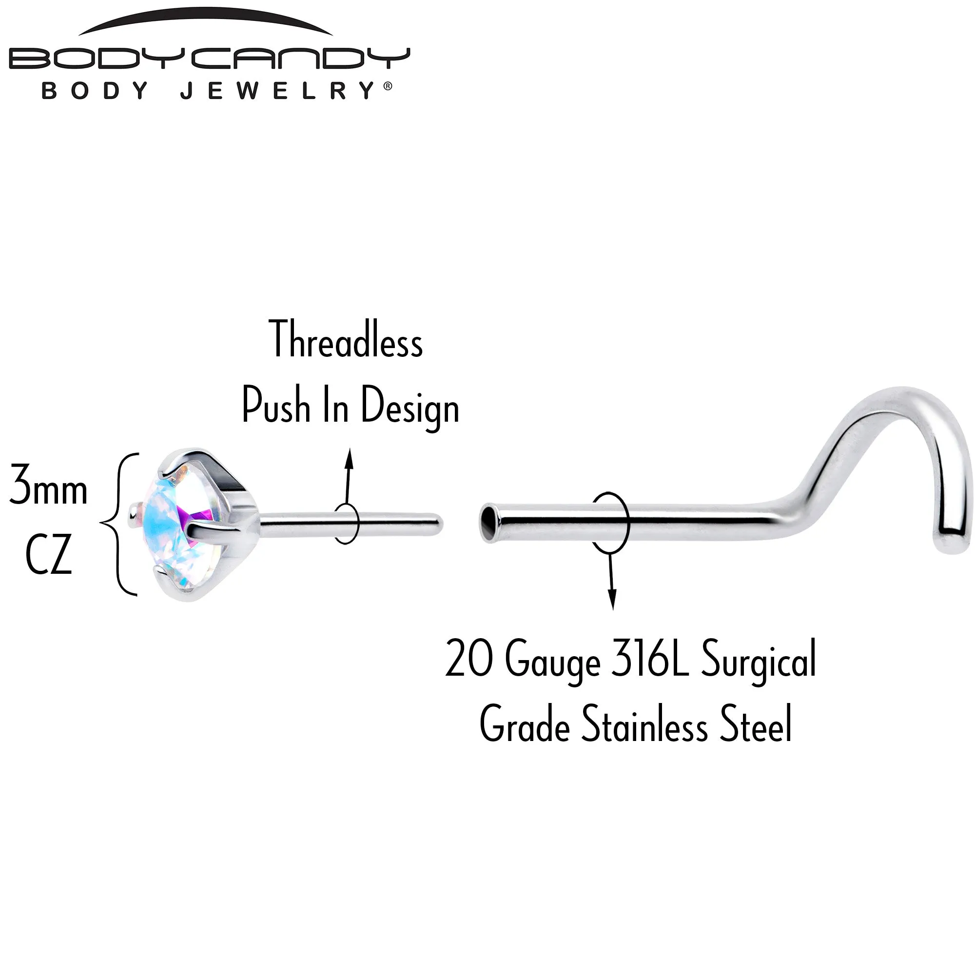 20 Gauge 3mm CZ Prong Set Push-In Threadless Nose Screw Nose Ring