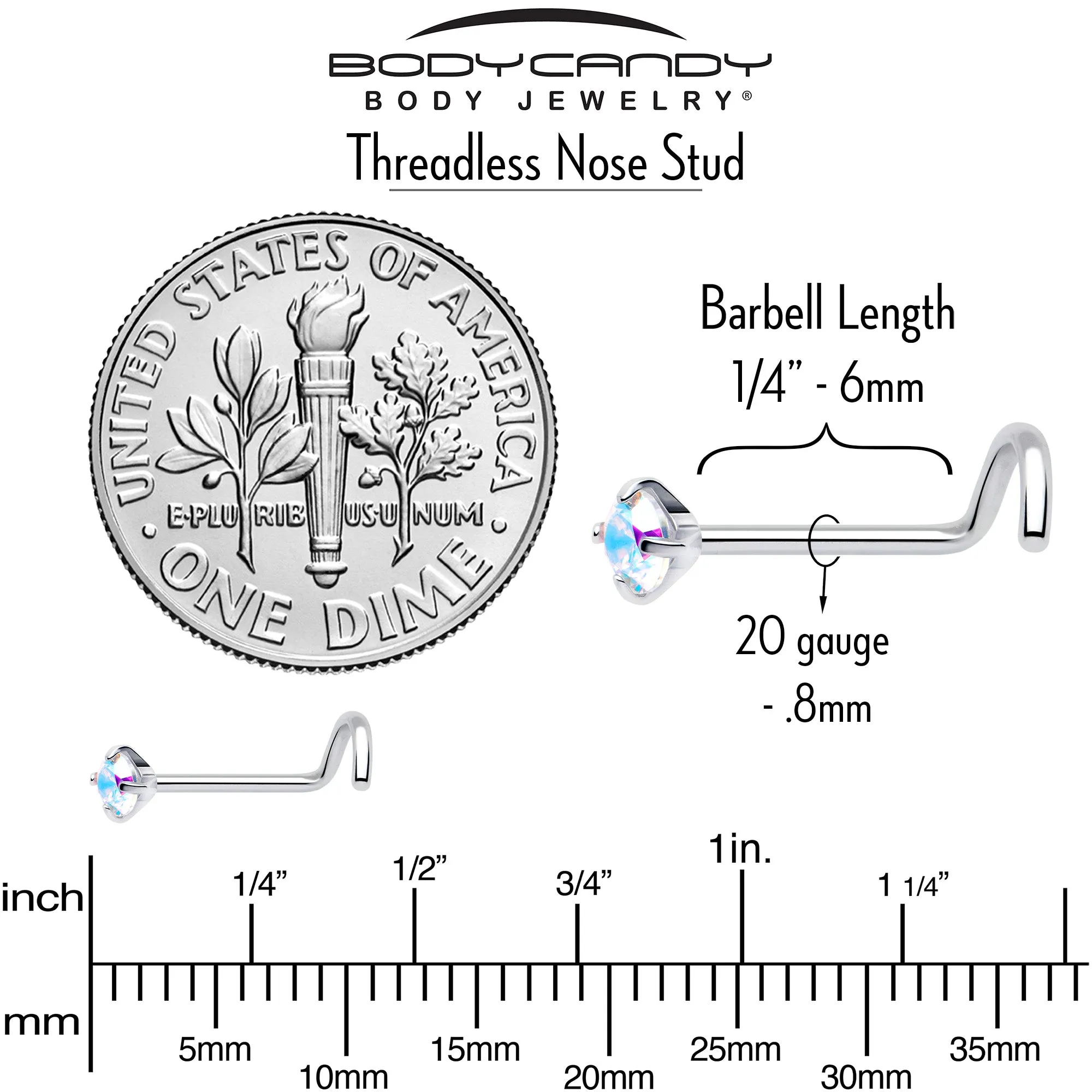20 Gauge 3mm CZ Prong Set Push-In Threadless Nose Screw Nose Ring