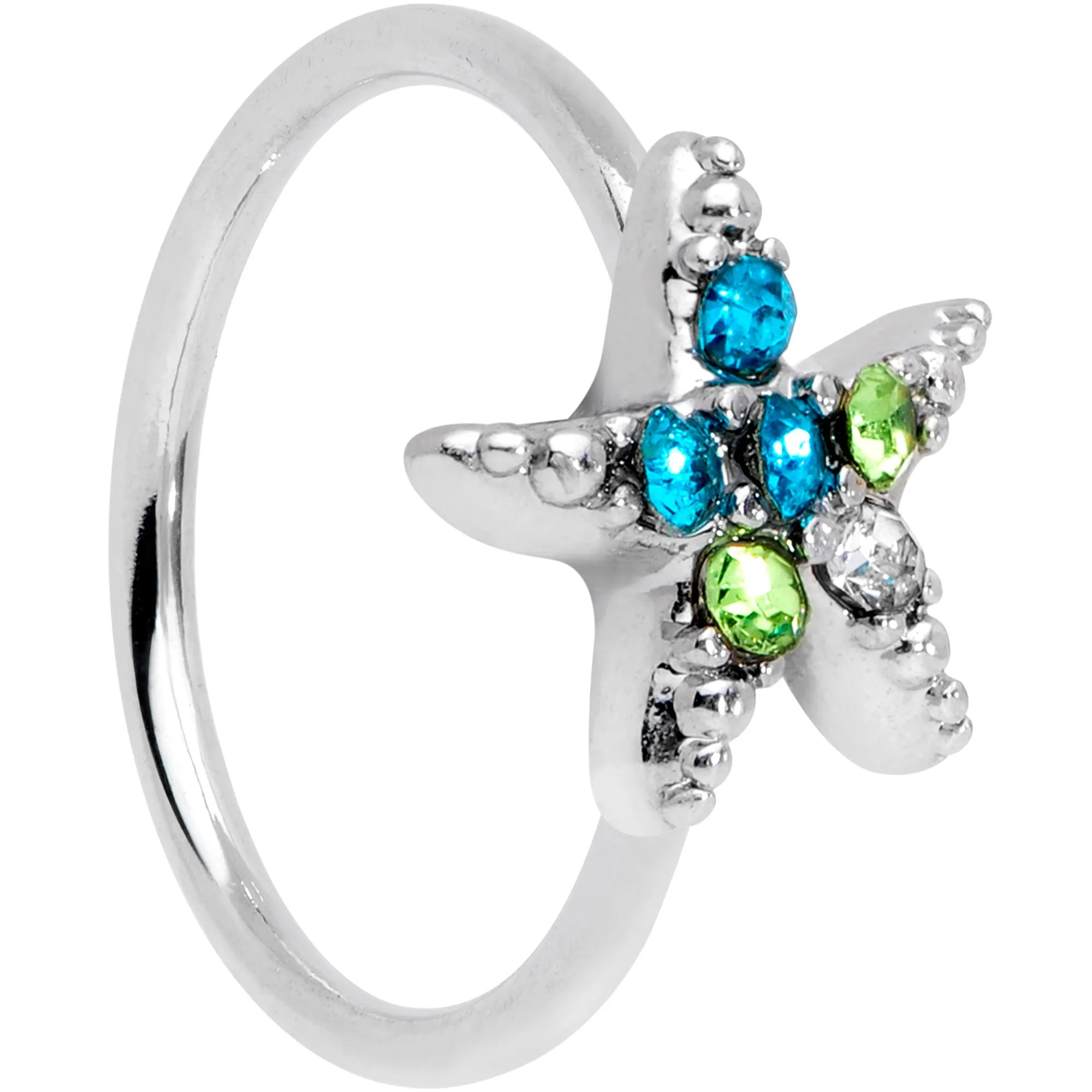 20 Gauge 5/16 Clear Blue Green Gem Glam Starfish Nose Hoop