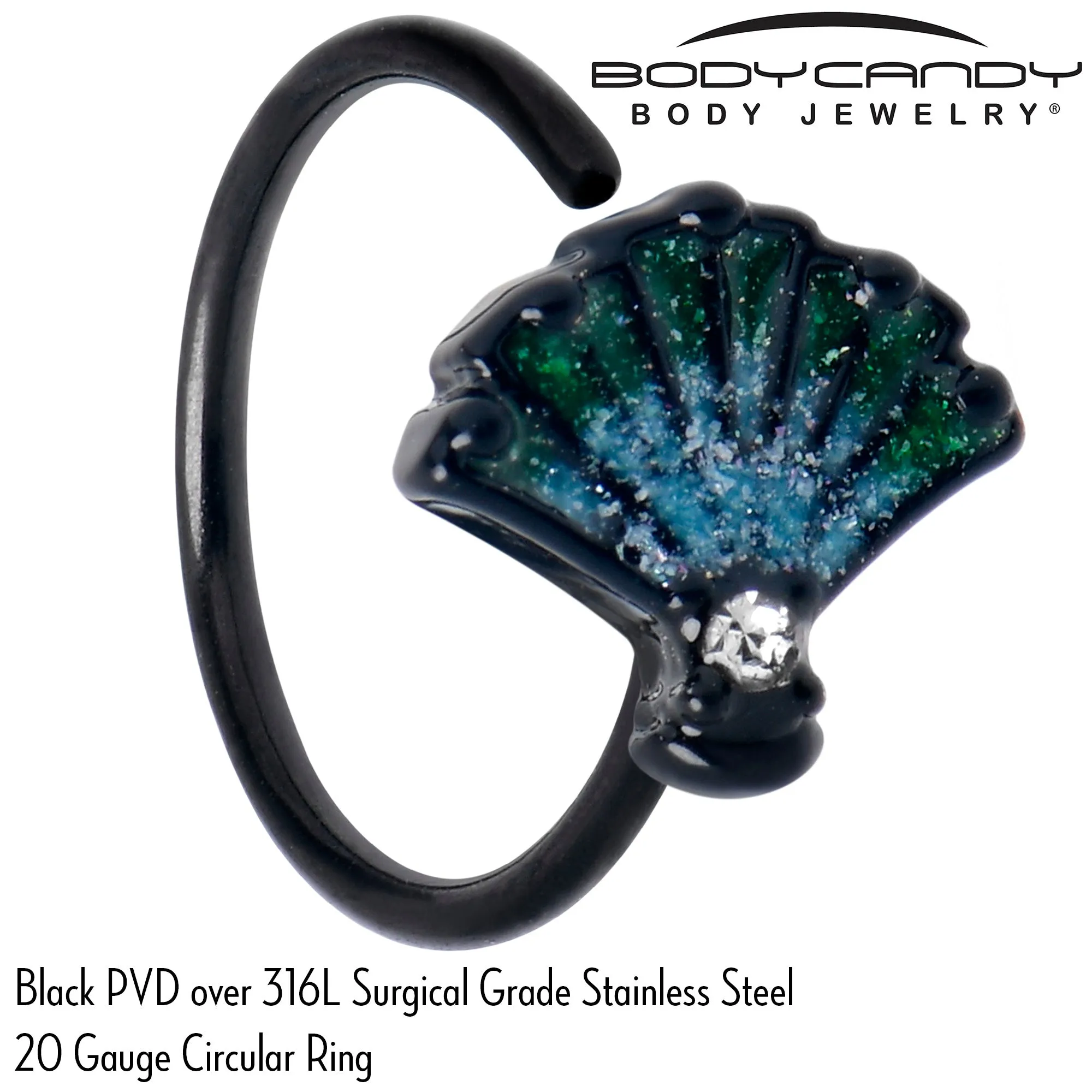 20 Gauge 5/16 Clear CZ Gem Black Serenity Ocean Magic Shell Nose Hoop