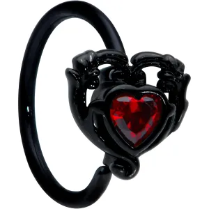 20 Gauge 5/16 Red CZ Gem Black Double Passion Heart Claw Nose Hoop