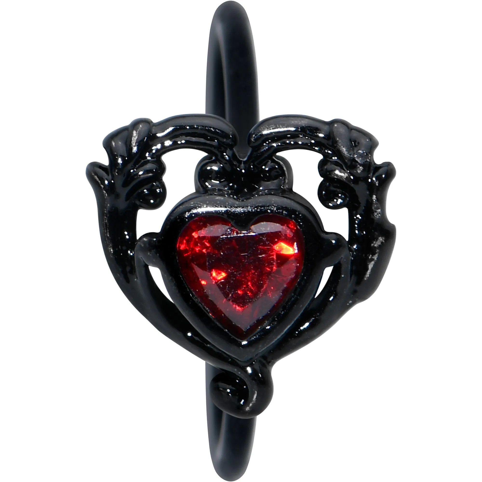 20 Gauge 5/16 Red CZ Gem Black Double Passion Heart Claw Nose Hoop