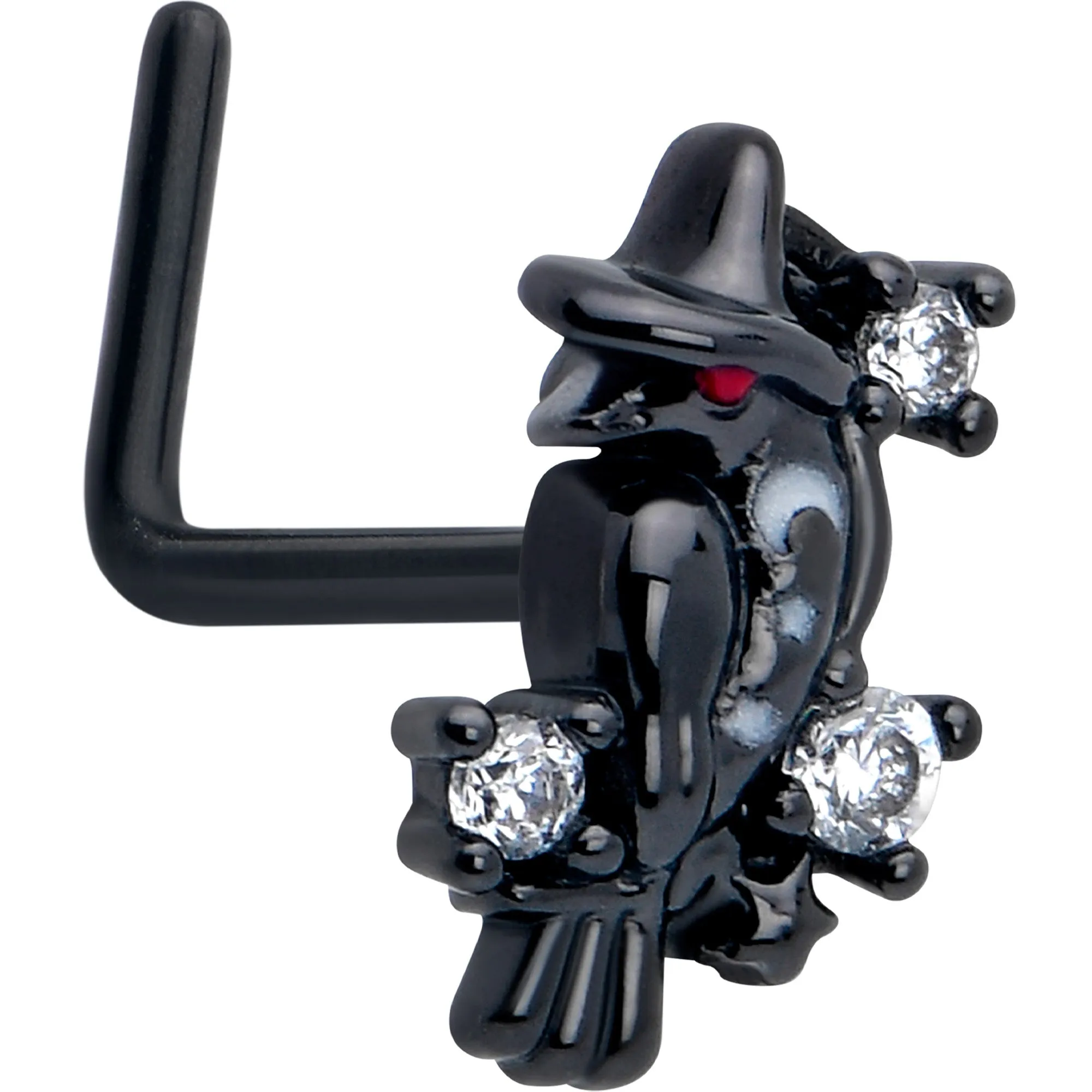 20 Gauge 7mm Clear CZ Gem Black Raven Witch L Shape Nose Ring