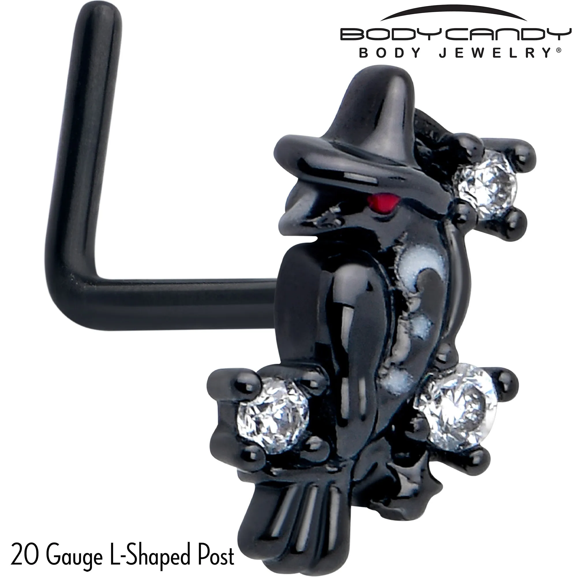 20 Gauge 7mm Clear CZ Gem Black Raven Witch L Shape Nose Ring