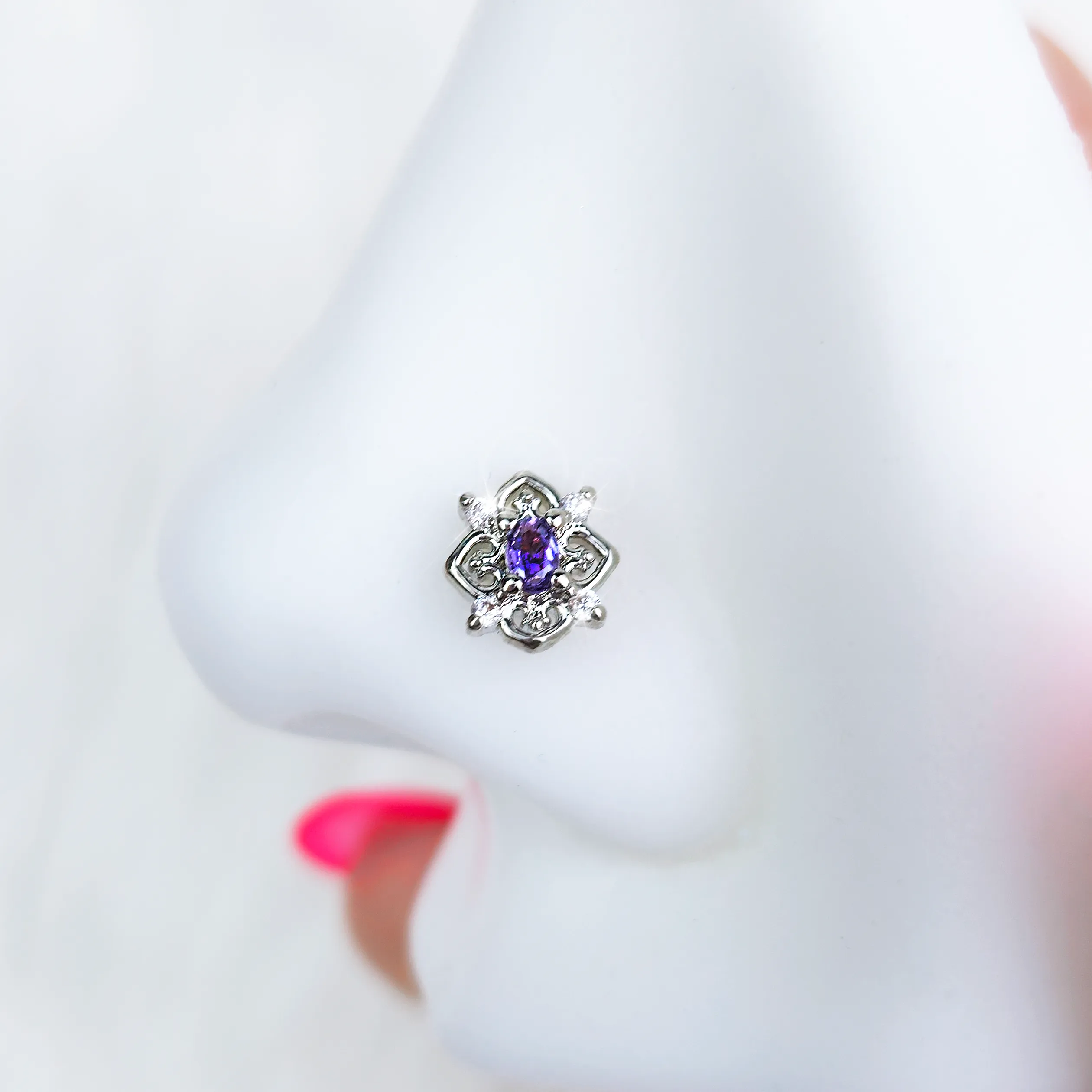 20 Gauge 7mm Purple Gem Lace Look Hearts L Shape Nose Ring