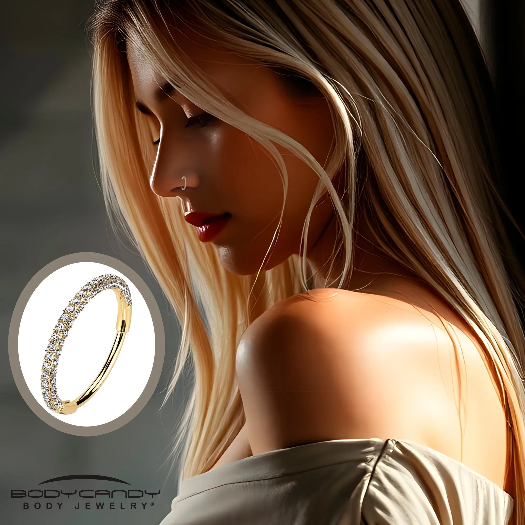 20 Gauge Gold PVD Implant Grade Titanium Triple Sided Micro Gem Hinged Nose Hoop (Select Size)