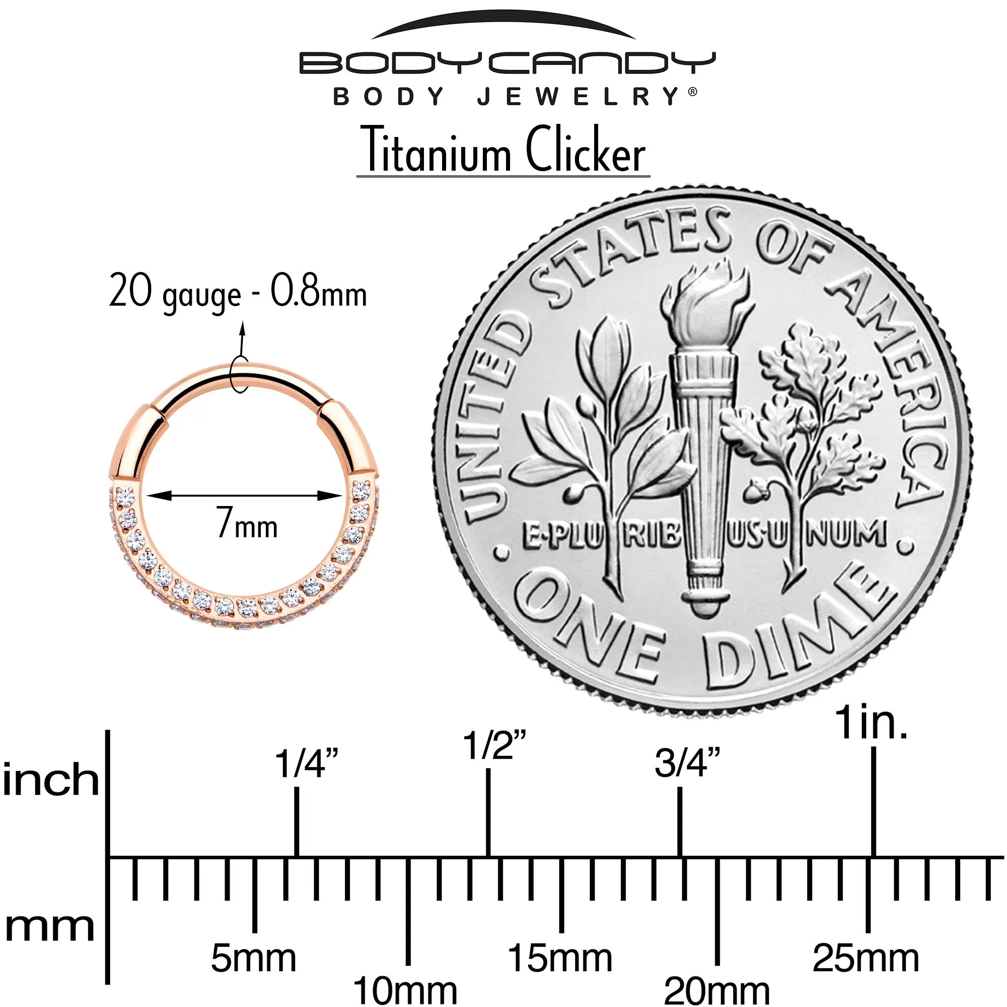 20 Gauge Rose Gold PVD Implant Grade Titanium Triple Sided Micro Gem Hinged Nose Hoop (Select Size)