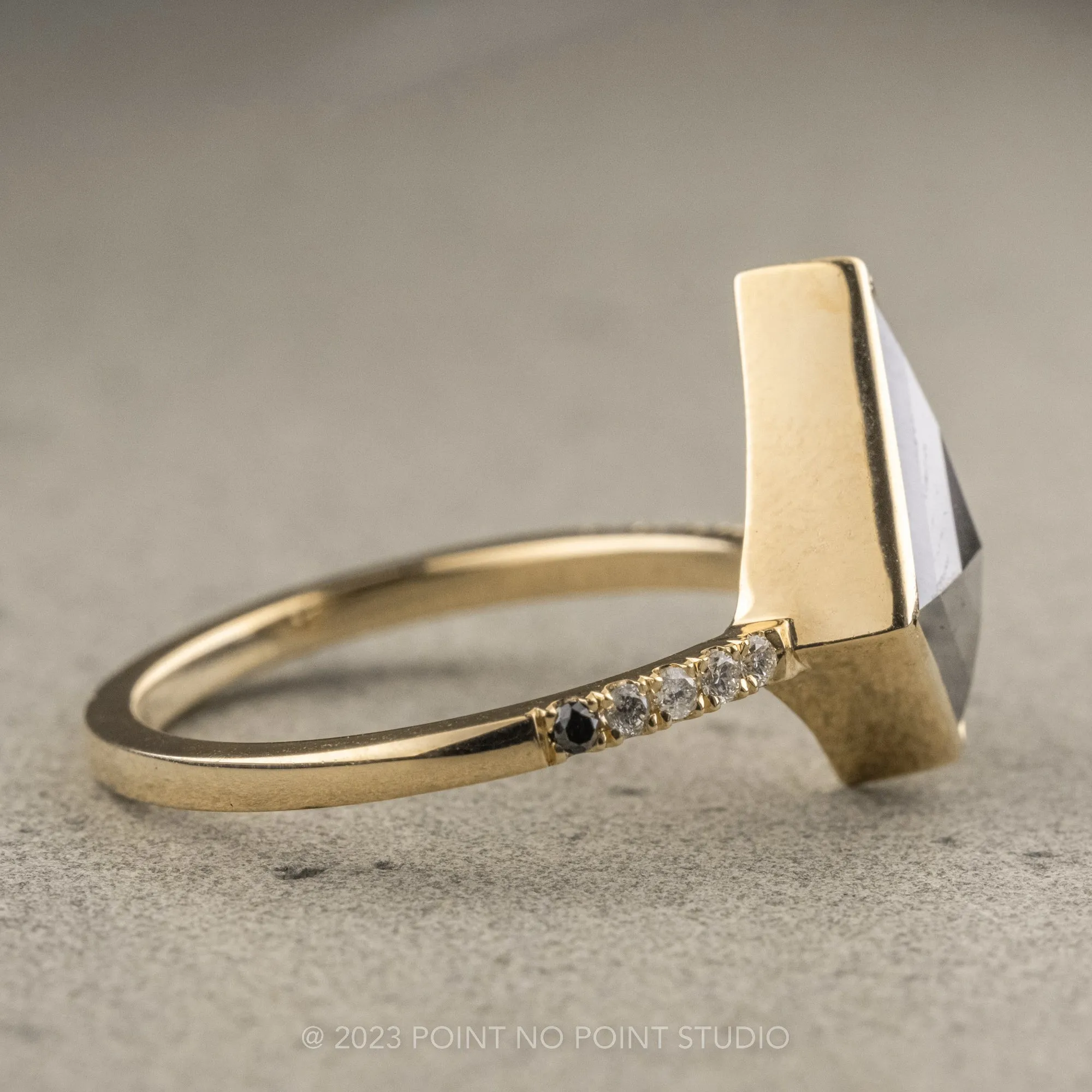 2.20 Carat Salt and Pepper Kite Diamond Engagement Ring, Ombre Bezel Jules Setting, 14K Yellow Gold