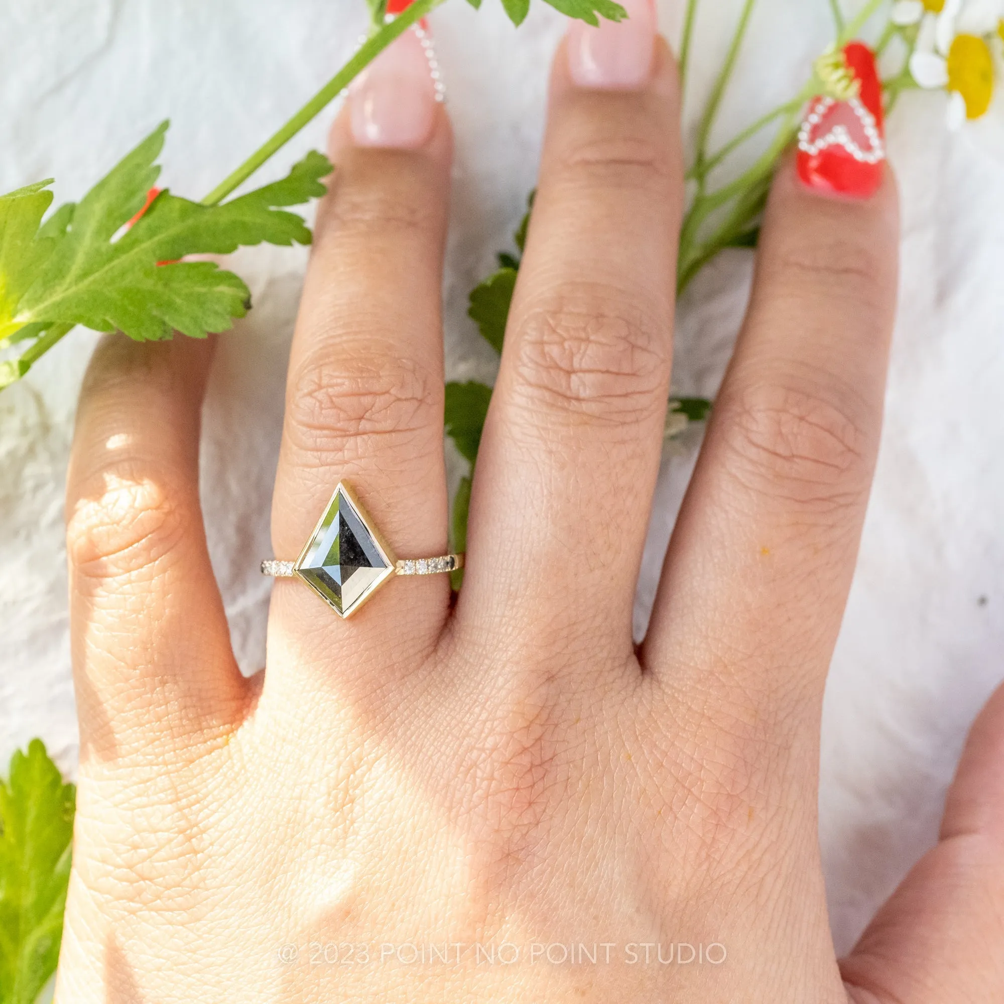 2.20 Carat Salt and Pepper Kite Diamond Engagement Ring, Ombre Bezel Jules Setting, 14K Yellow Gold