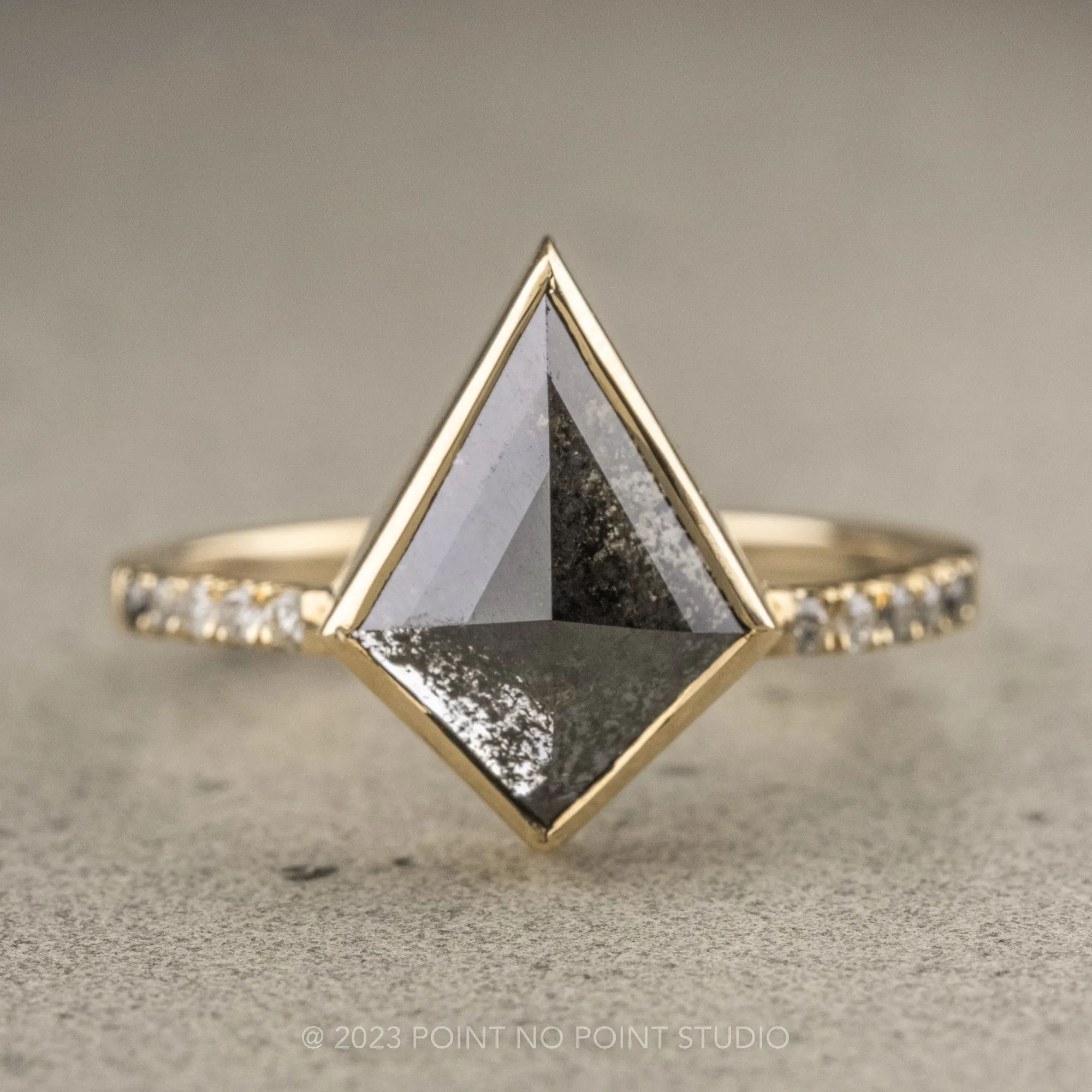 2.20 Carat Salt and Pepper Kite Diamond Engagement Ring, Ombre Bezel Jules Setting, 14K Yellow Gold