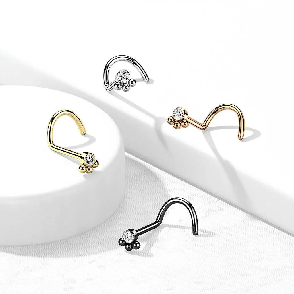 316L Surgical Steel Gold PVD Tribal Ball White CZ Corkscrew Nose Ring Stud