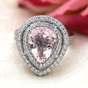 5 CT Pear Morganite Diamond Engagement Double Halo Ring