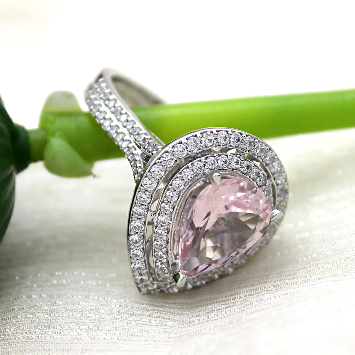 5 CT Pear Morganite Diamond Engagement Double Halo Ring