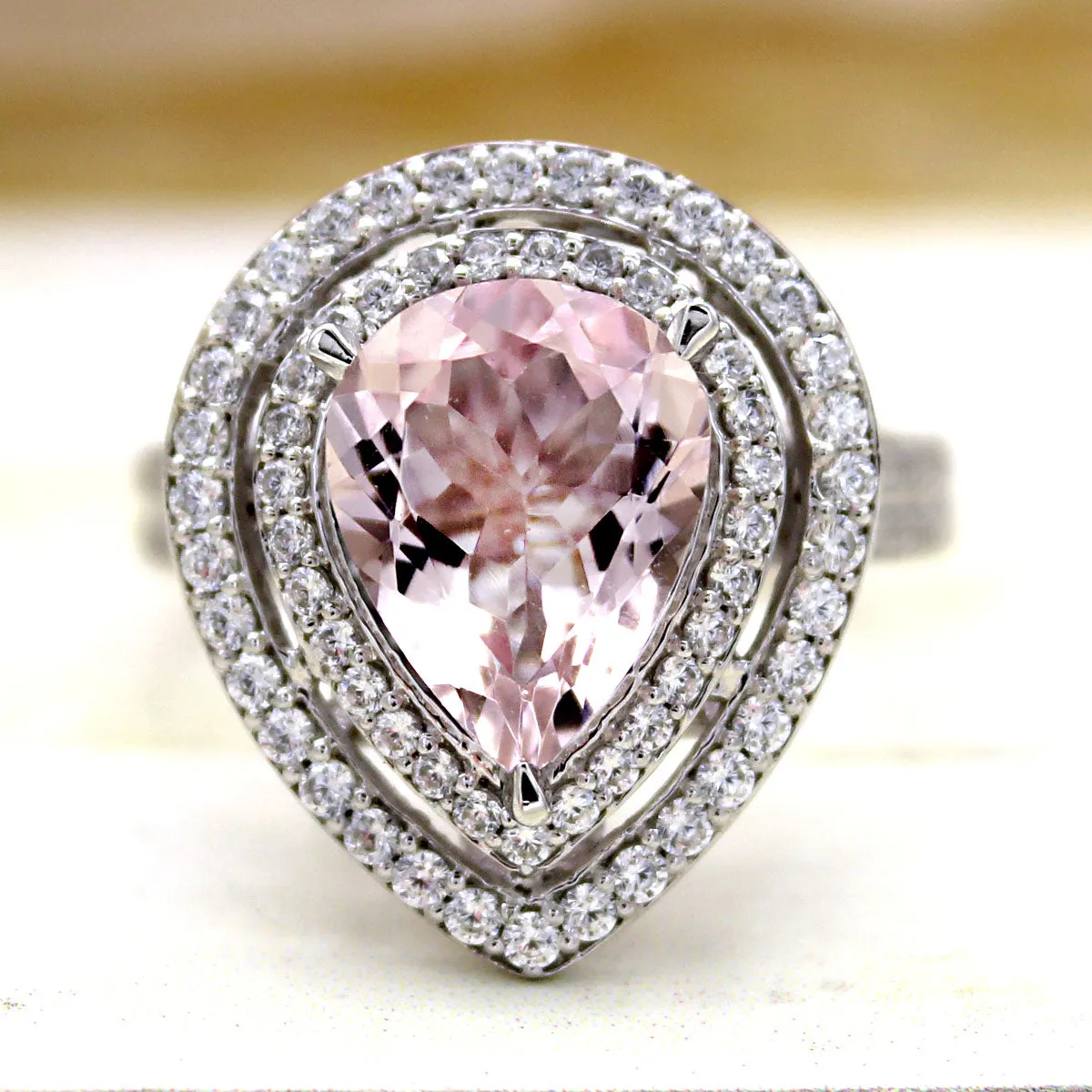 5 CT Pear Morganite Diamond Engagement Double Halo Ring