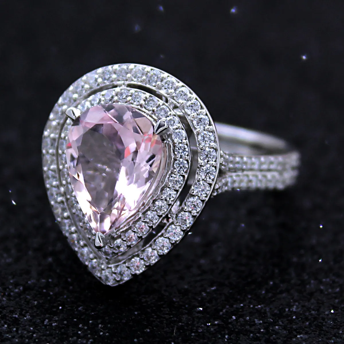 5 CT Pear Morganite Diamond Engagement Double Halo Ring