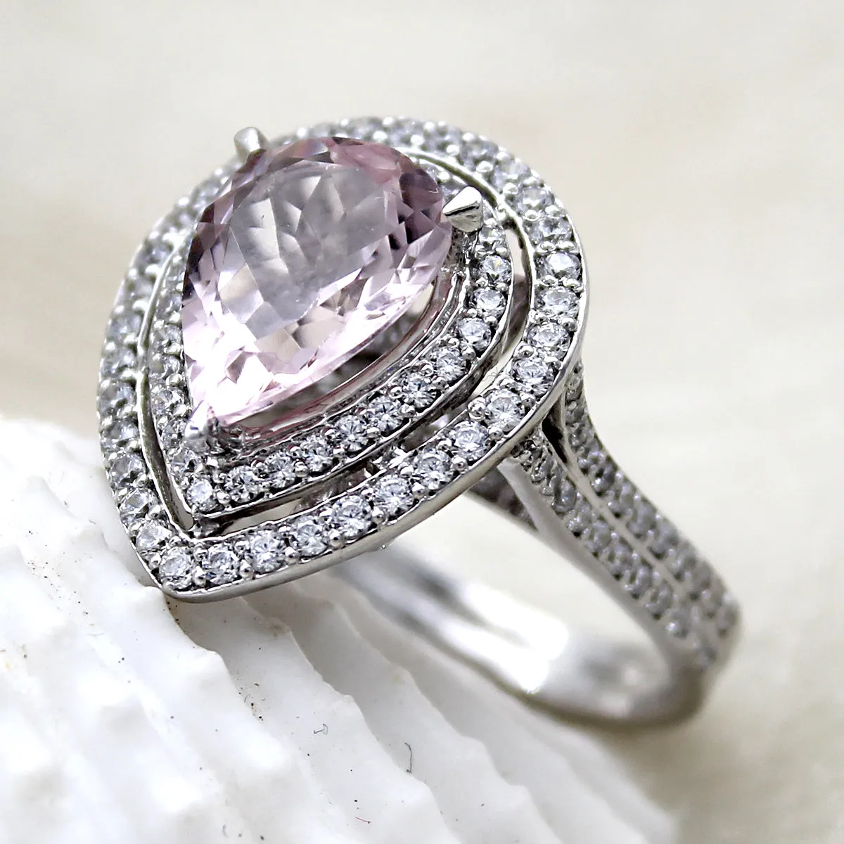 5 CT Pear Morganite Diamond Engagement Double Halo Ring