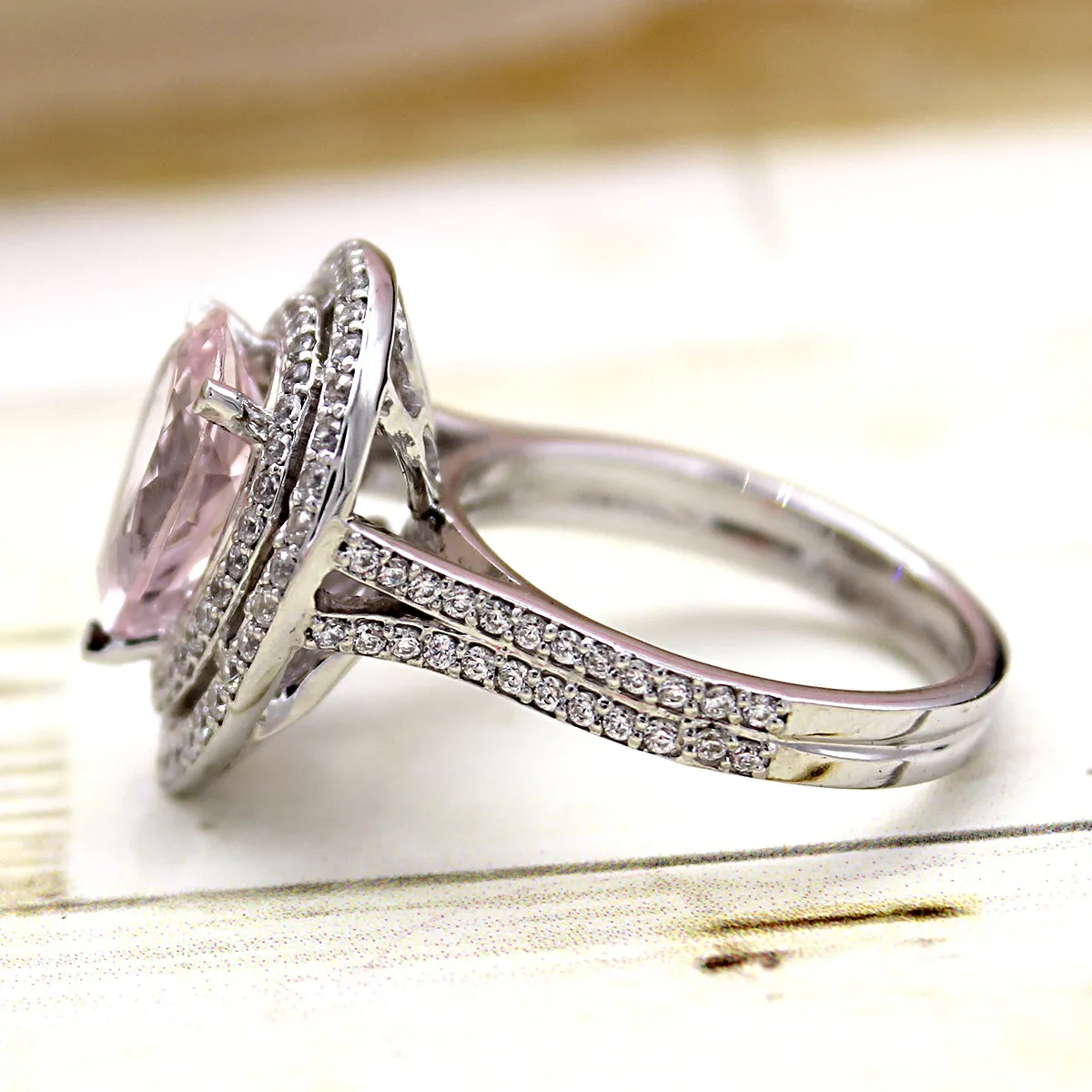 5 CT Pear Morganite Diamond Engagement Double Halo Ring
