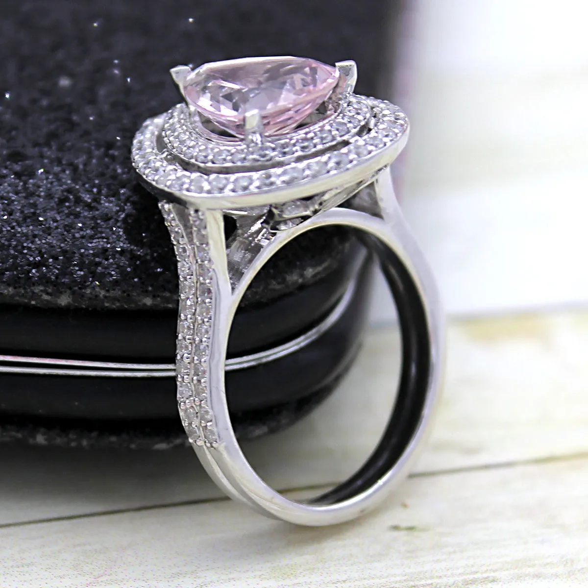 5 CT Pear Morganite Diamond Engagement Double Halo Ring