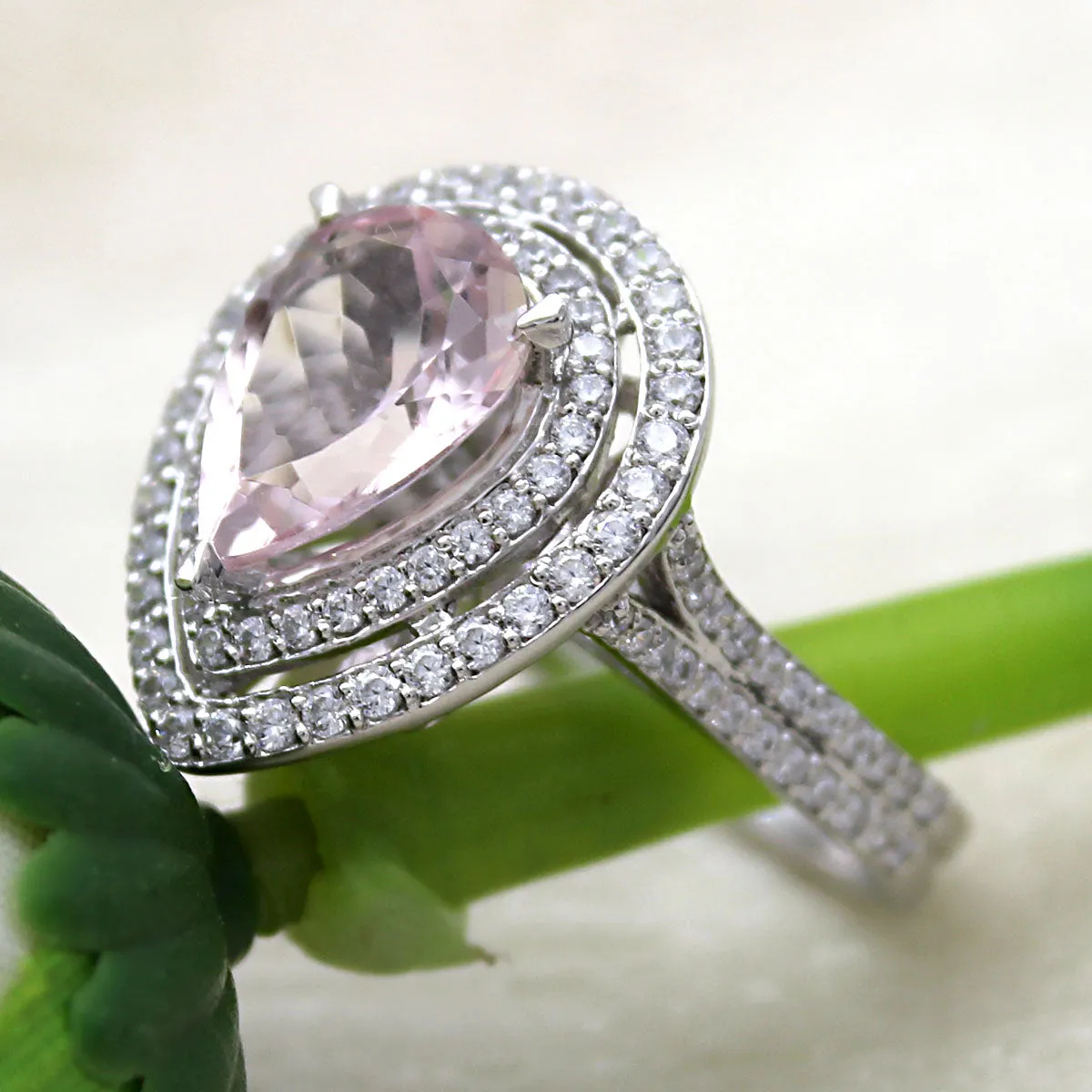 5 CT Pear Morganite Diamond Engagement Double Halo Ring