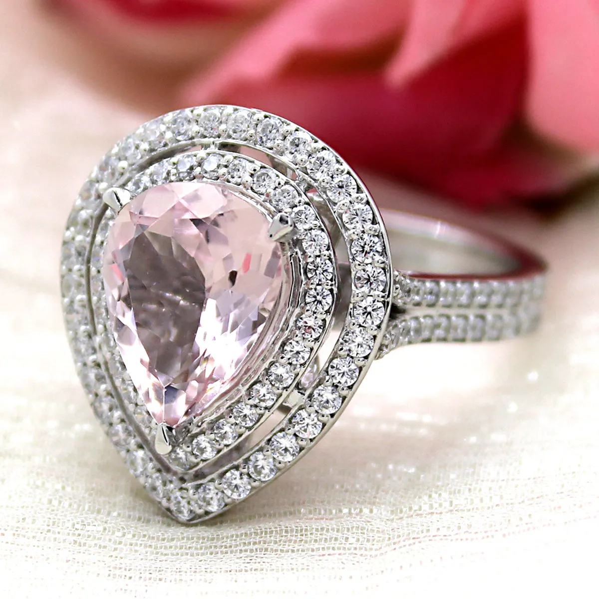 5 CT Pear Morganite Diamond Engagement Double Halo Ring