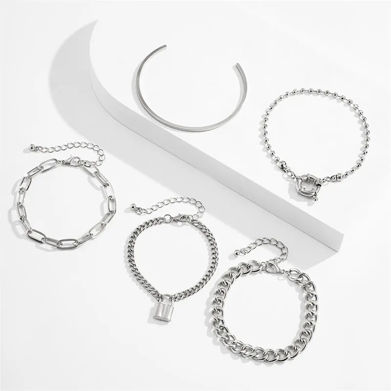 5Pcs/Set Female Gothic Metal Chain Lock Bracelets